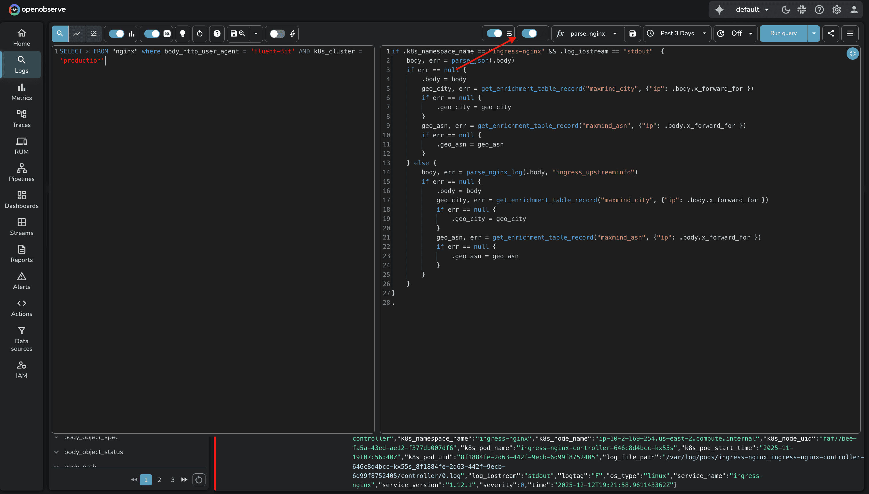 Log Transformation using VRL functions at querying time