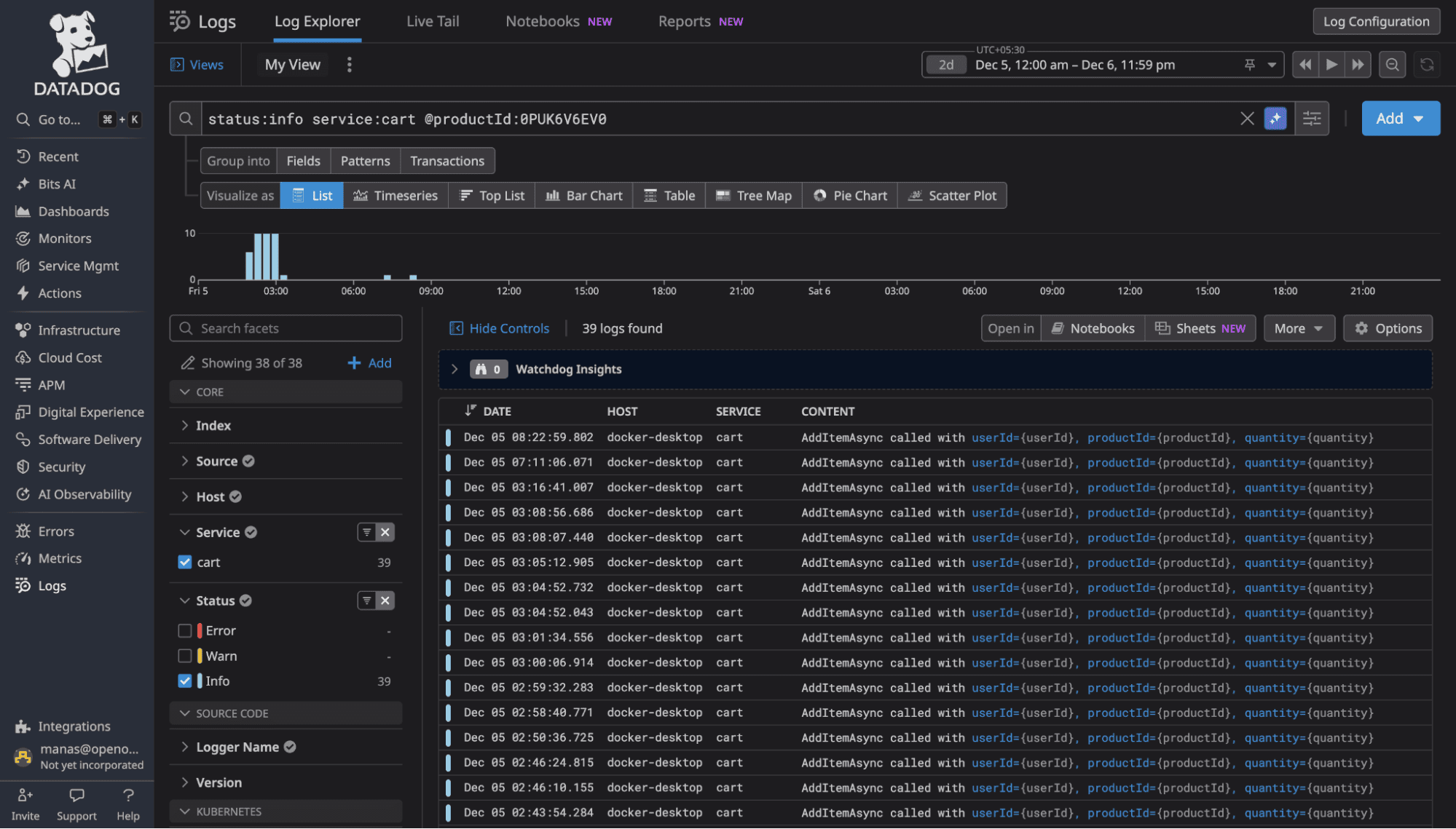 DataDog proprietary query syntax for APM logs
