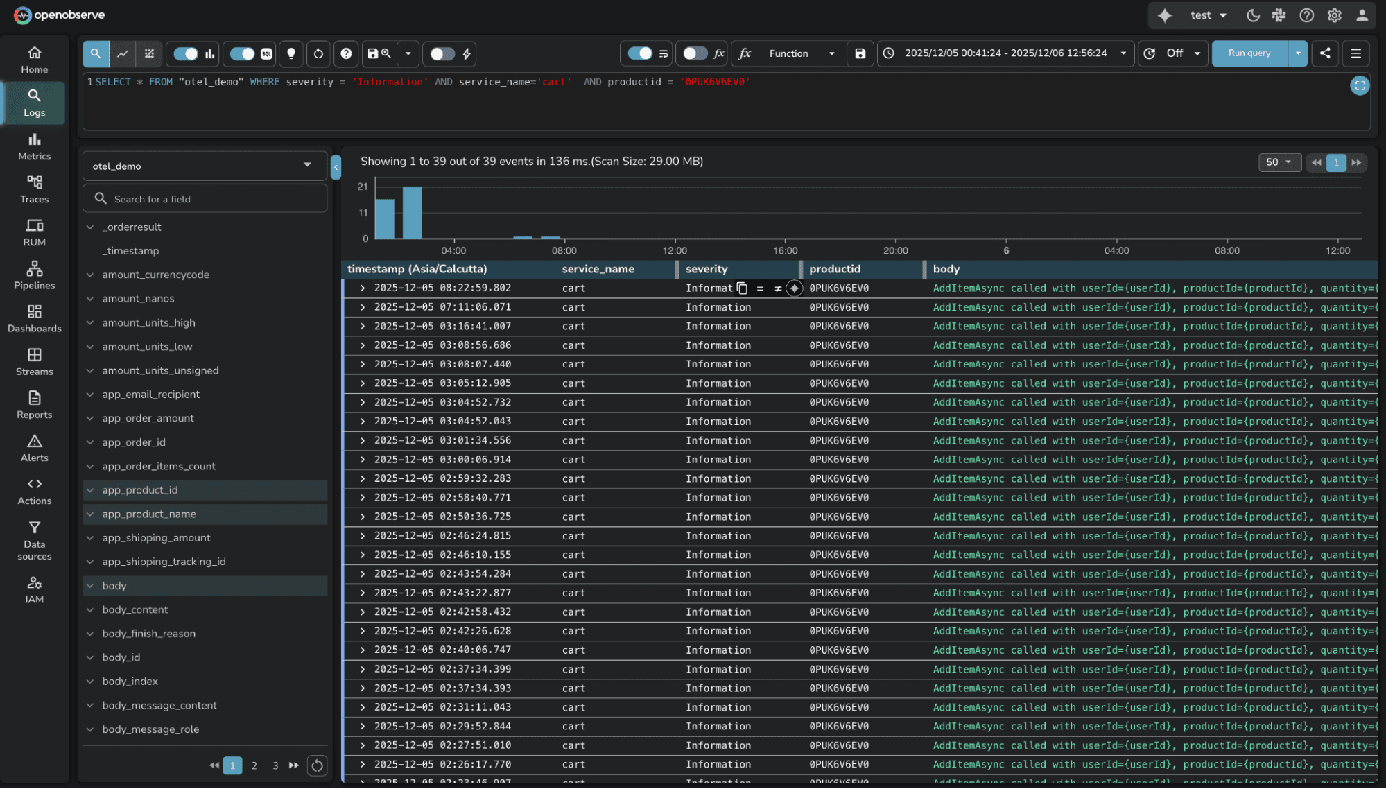  OpenObserve SQL query for APM logs