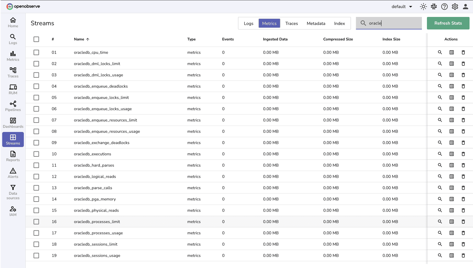 OpenObserve Metrics Streams page showing live Oracle Database performance metrics like CPU time and session usage