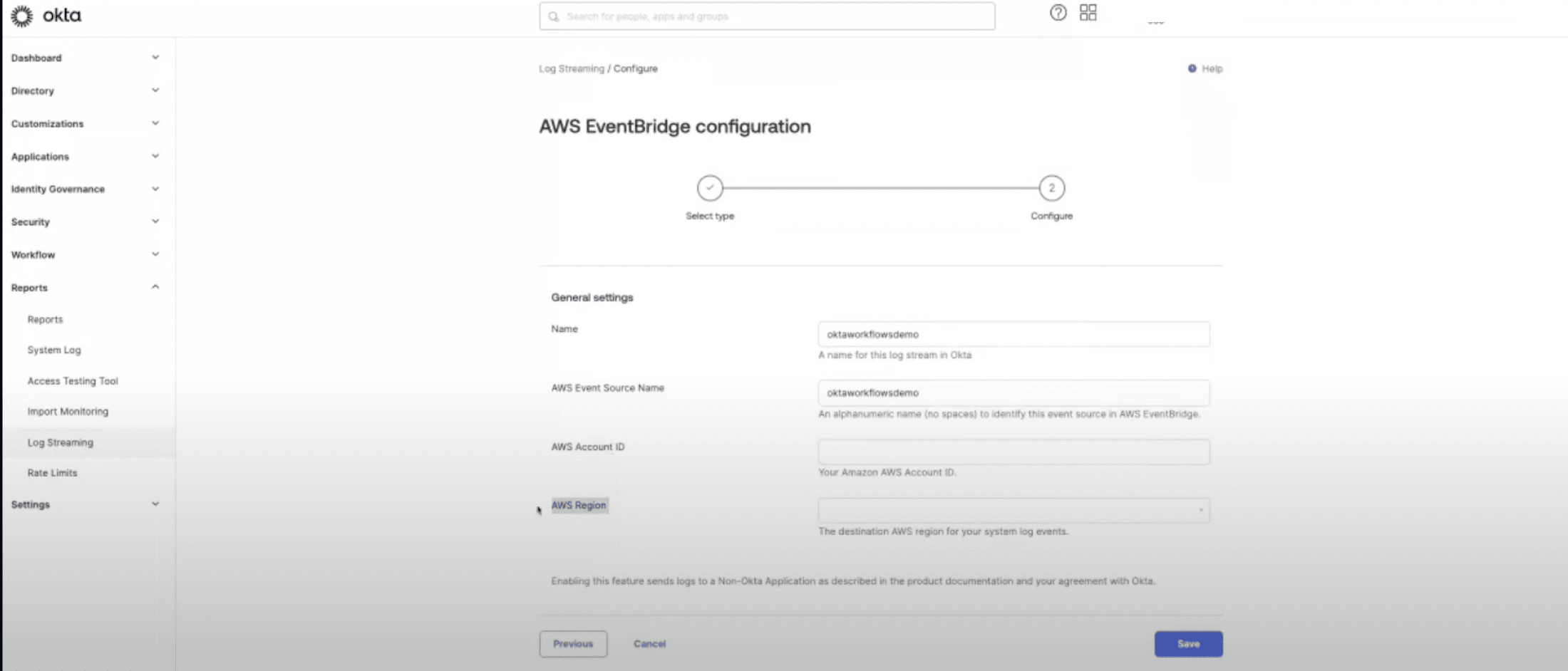 Okta eventbridge configuration