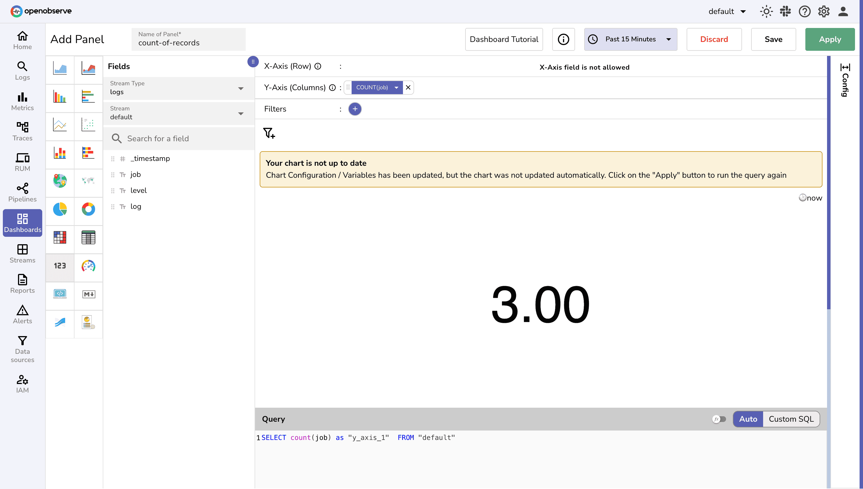 Add Panel to Dashboard in the OpenObserve UI