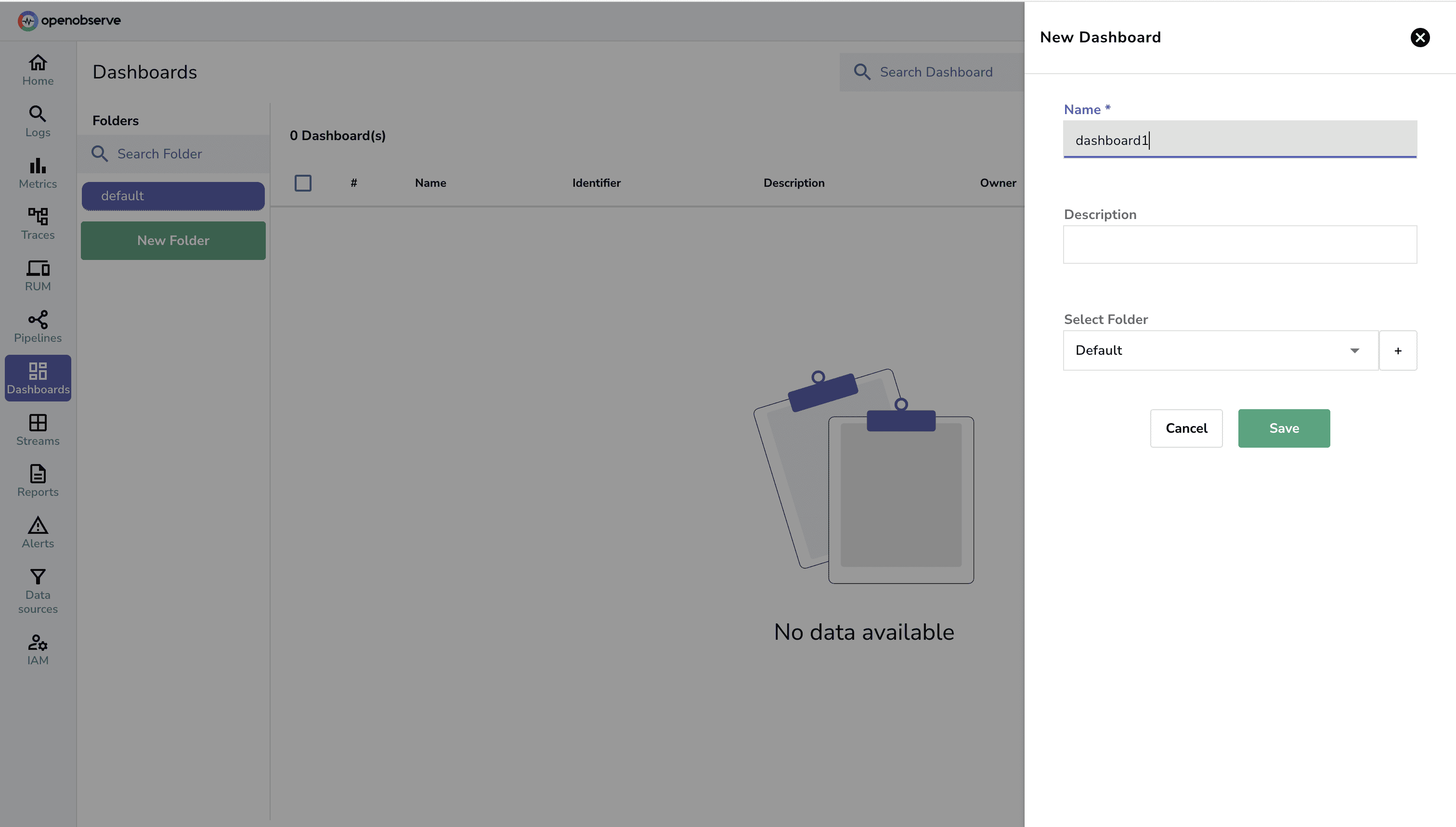 Create new Dashboard in the OpenObserve UI