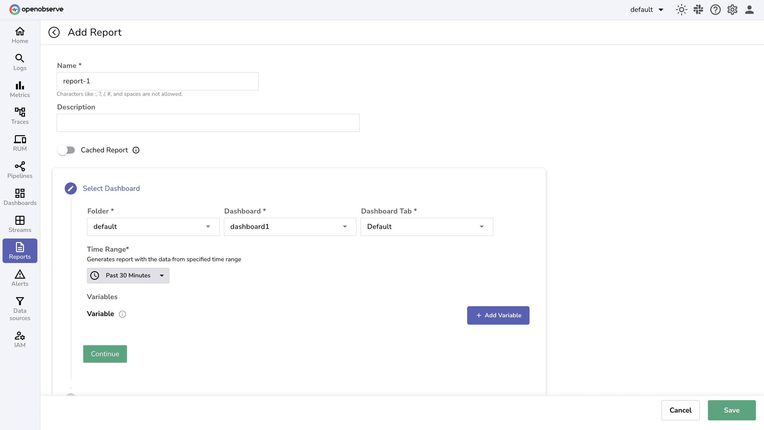 Select Dashboard for Email Report in the OpenObserve UI