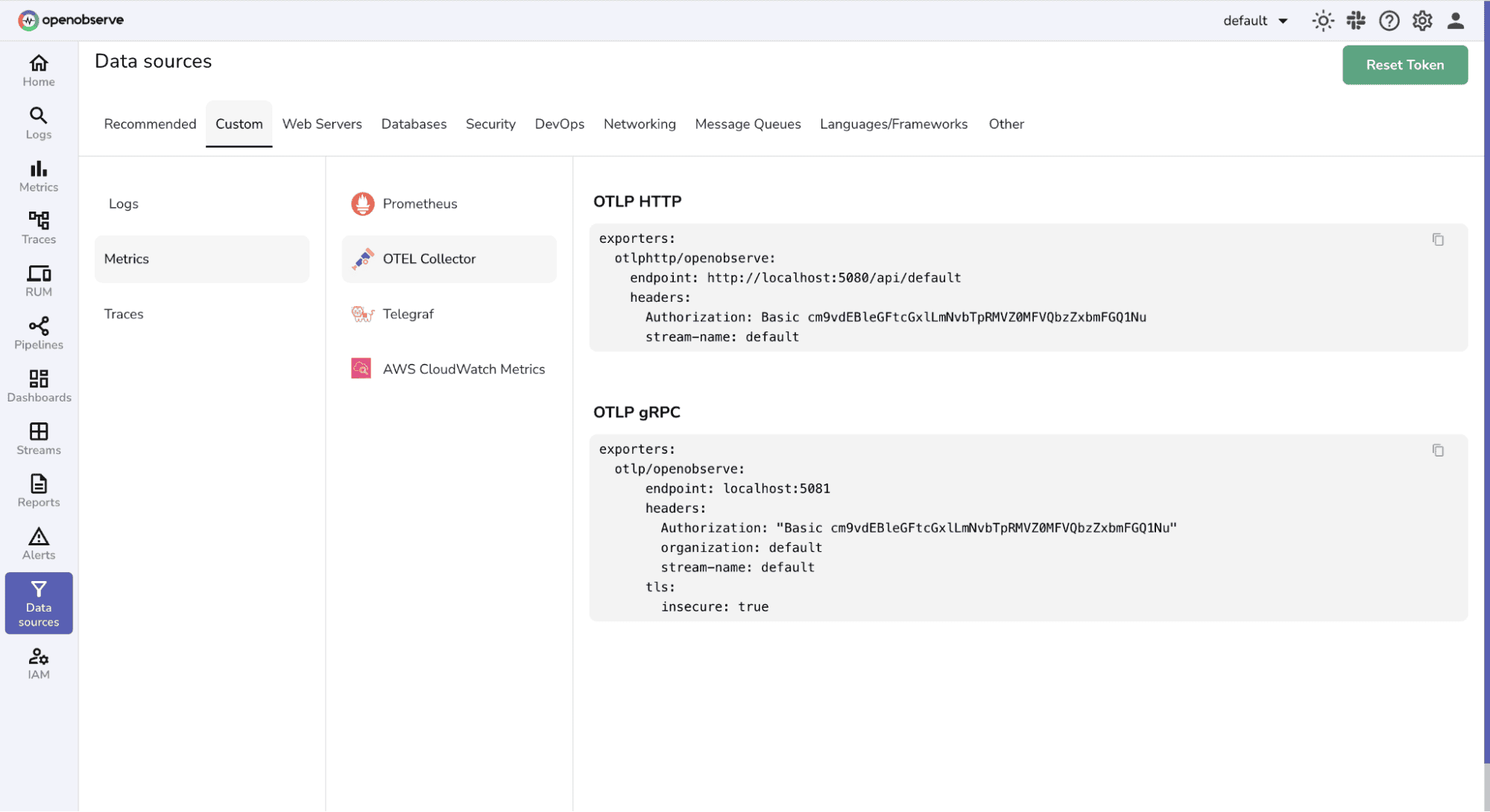 Entering your OTel collector credentials in the OpenObserve UI