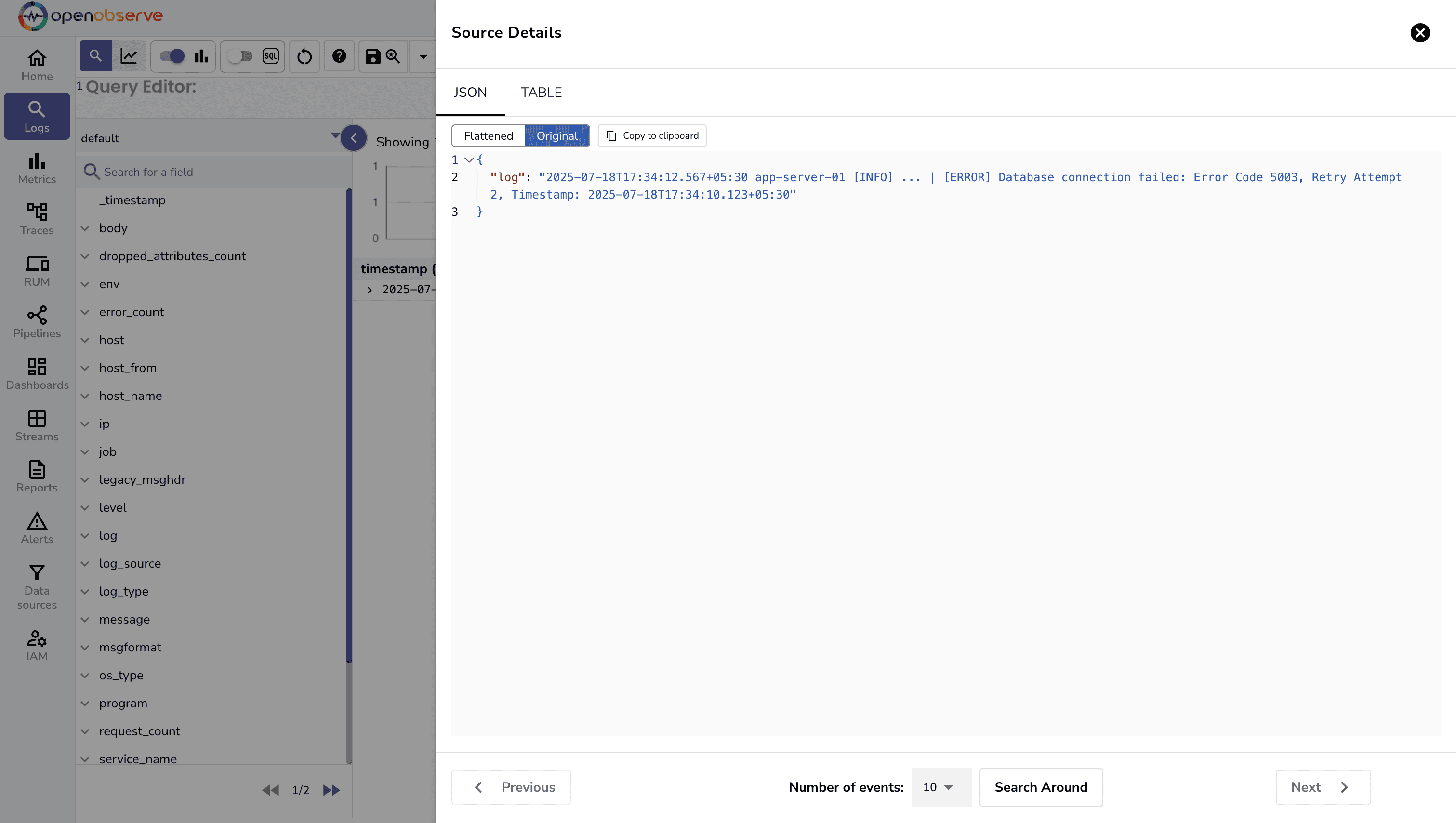 JSON log source details in the OpenObserve UI.