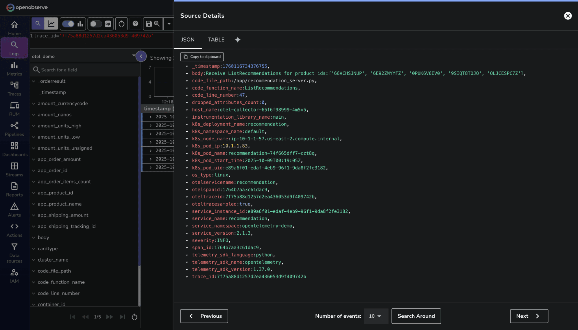 Filtering based on a traceid