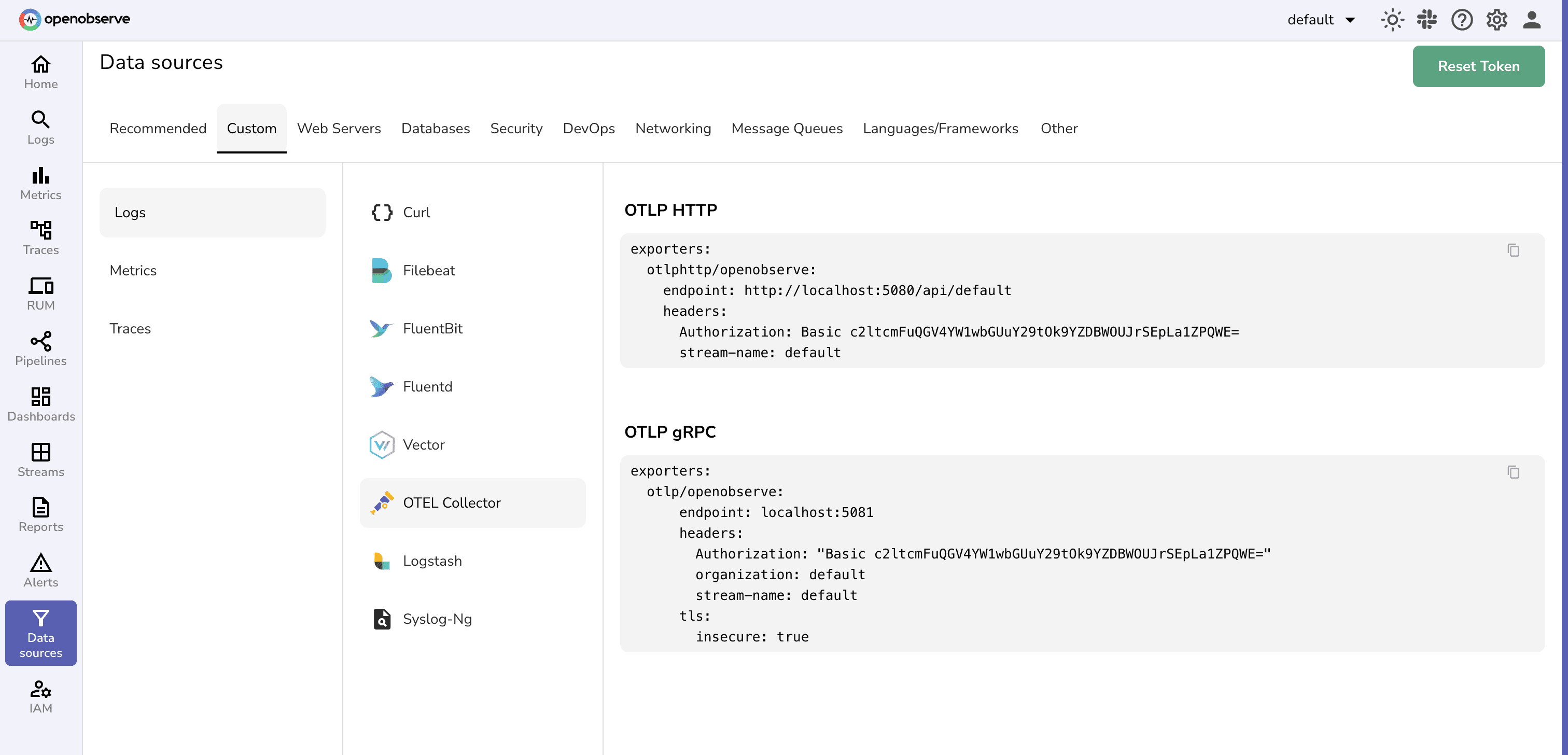 Data Source page for OTel OTLP Collector Configuration