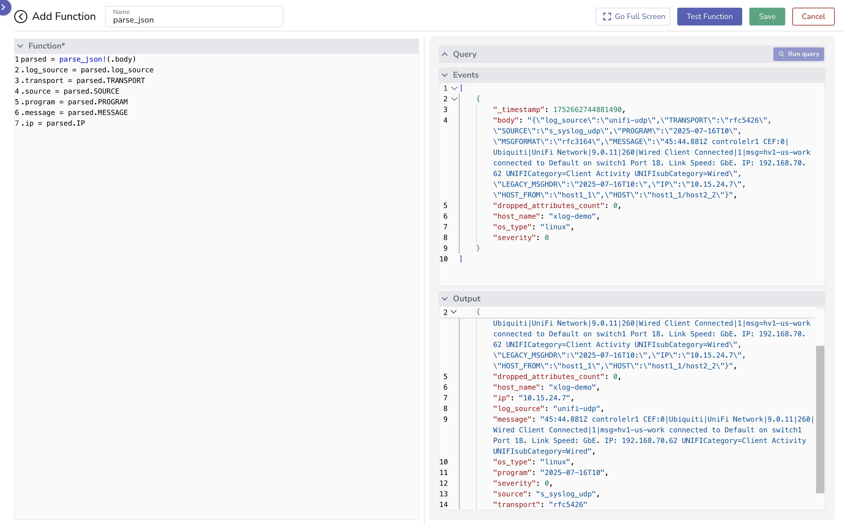 JSON log parsing function output in the OpenObserve UI. 