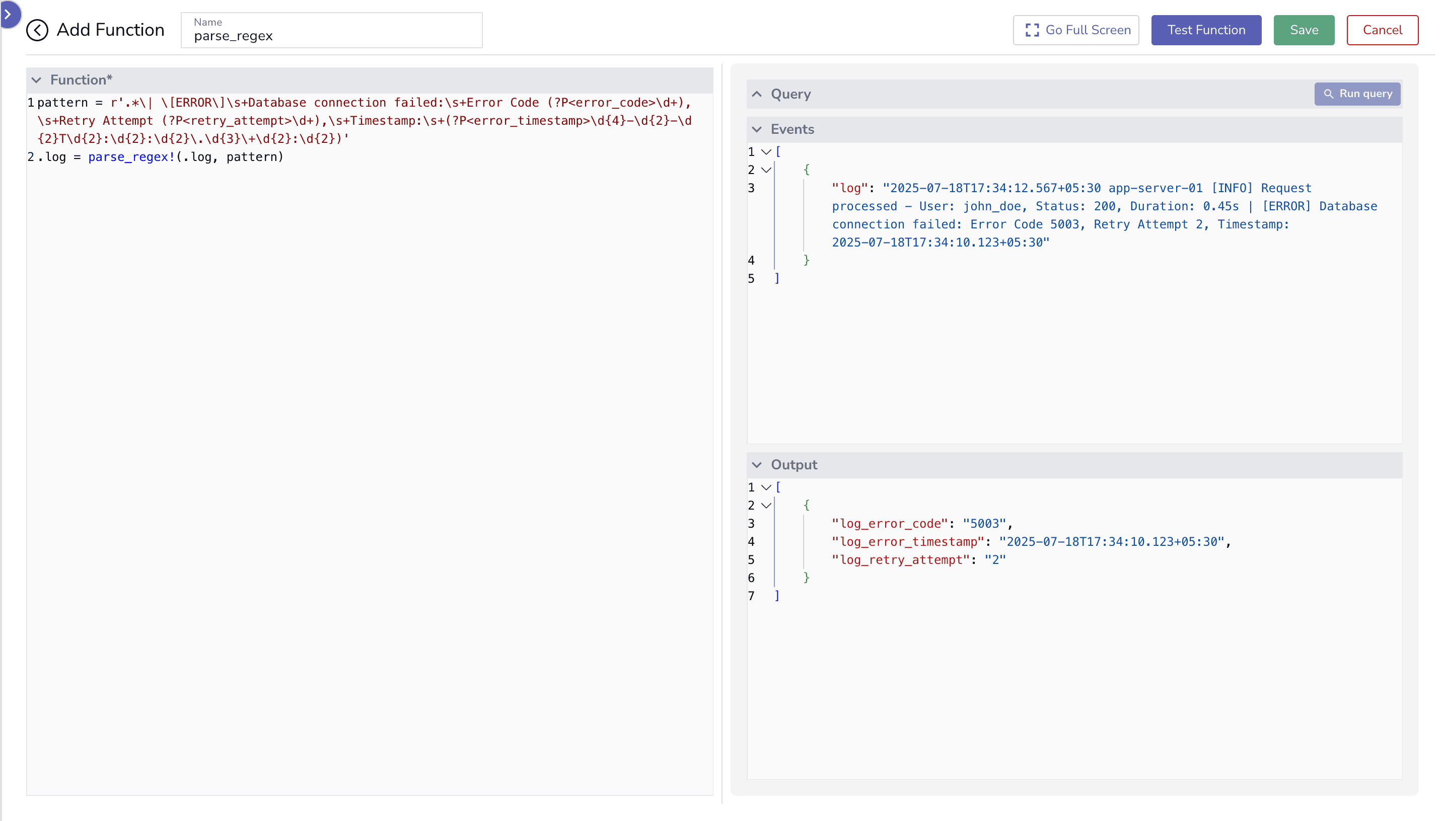 REGEX log parsing function details in the OpenObserve UI.