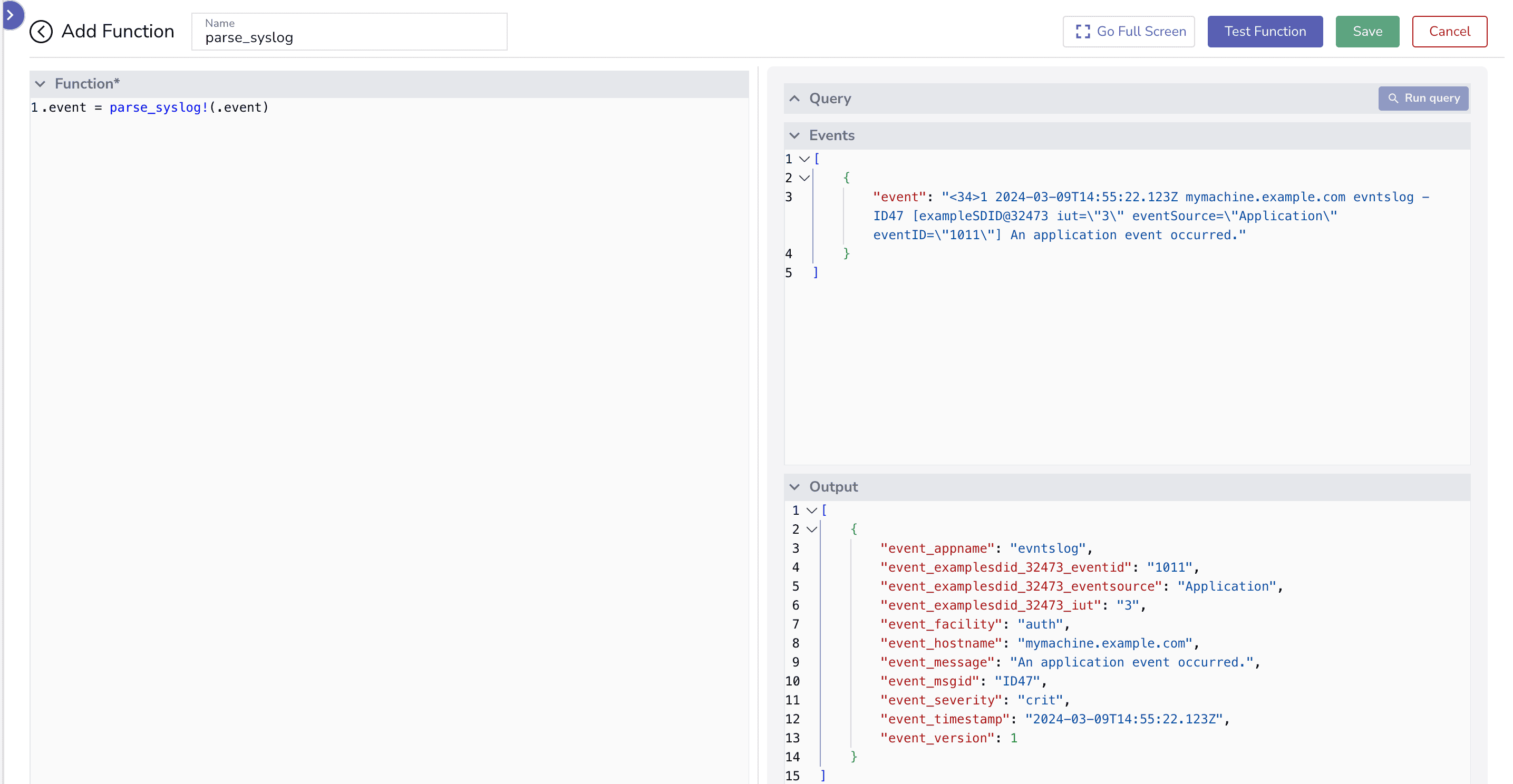 Syslog log parsing function output in the OpenObserve UI. 