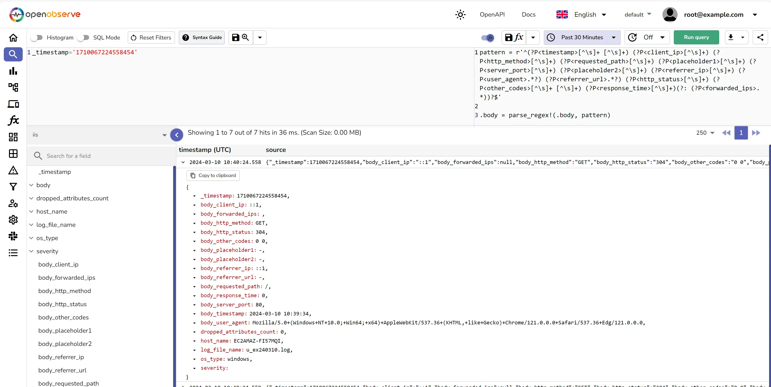OpenObserve with parsed IIS logs