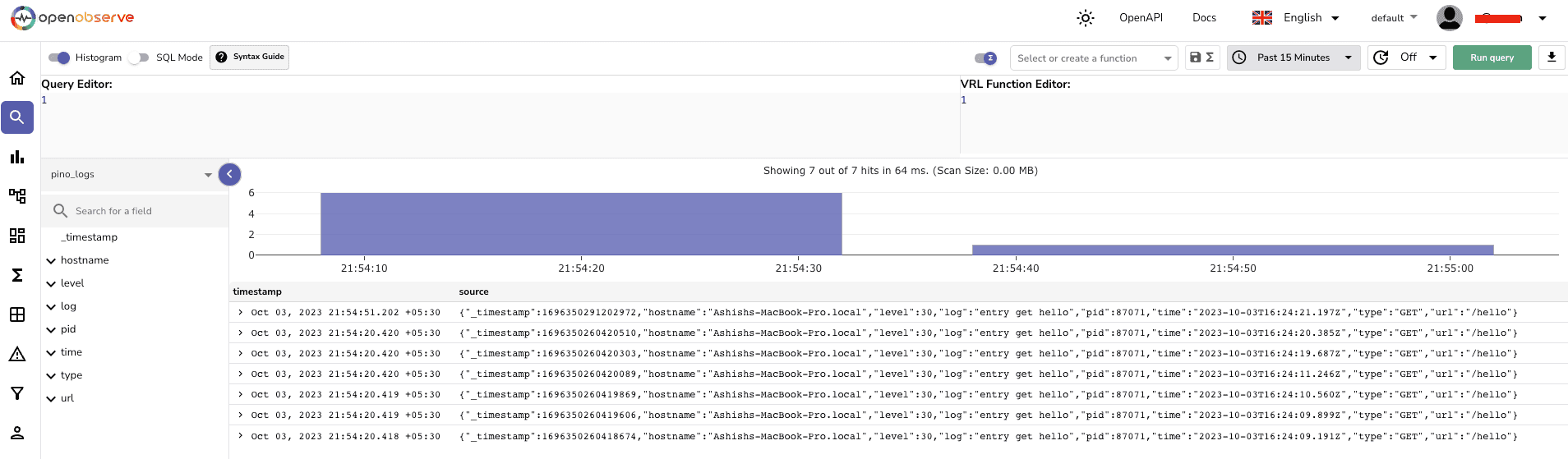 OpenObserve Log explorer page