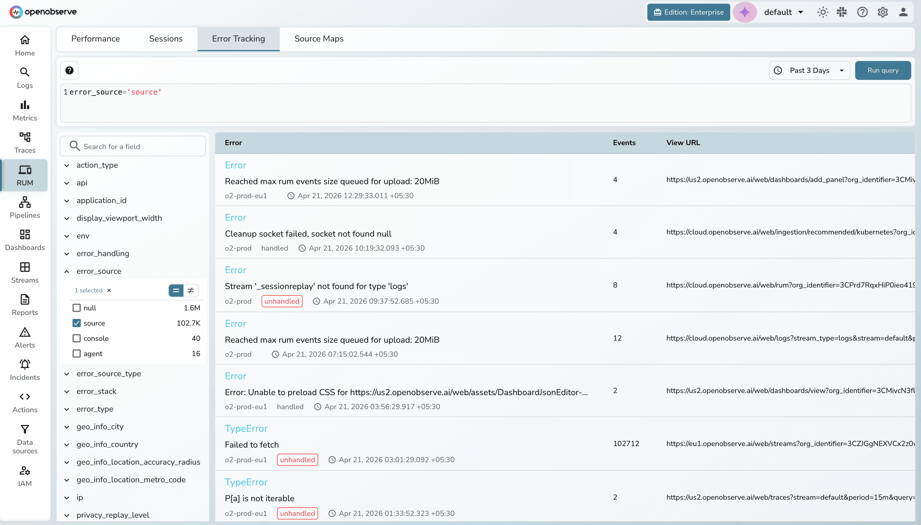 Error tracking in OpenObserve RUM UI