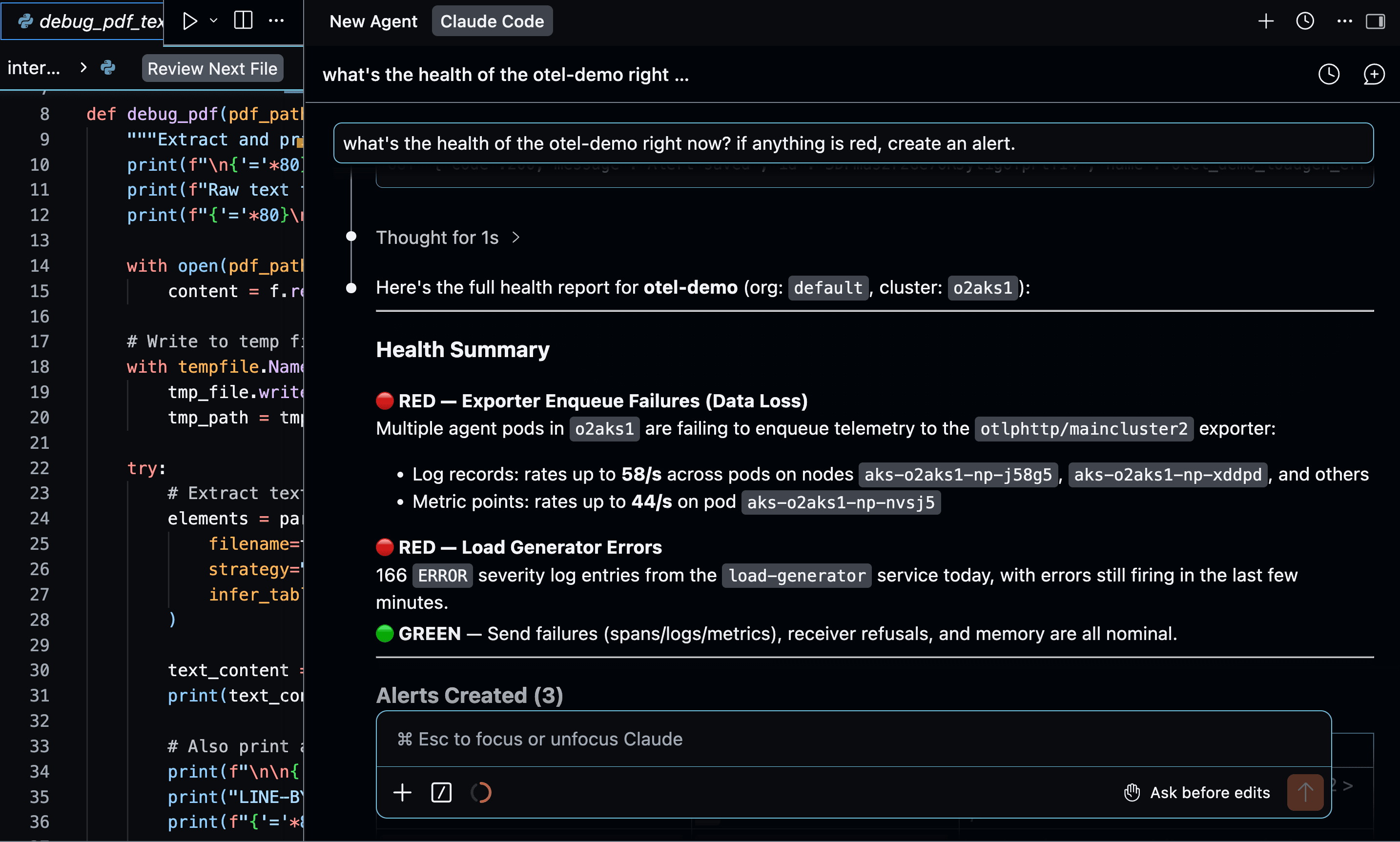Claude Code connected to O2 MCP Server