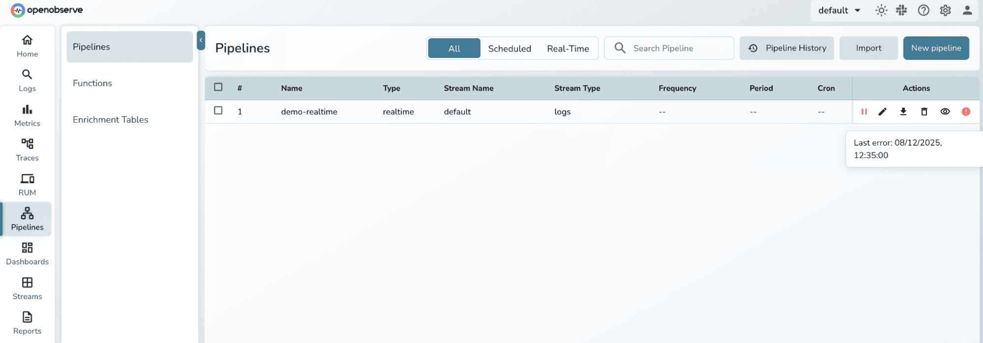 Real time pipeline error warning in OpenObserve