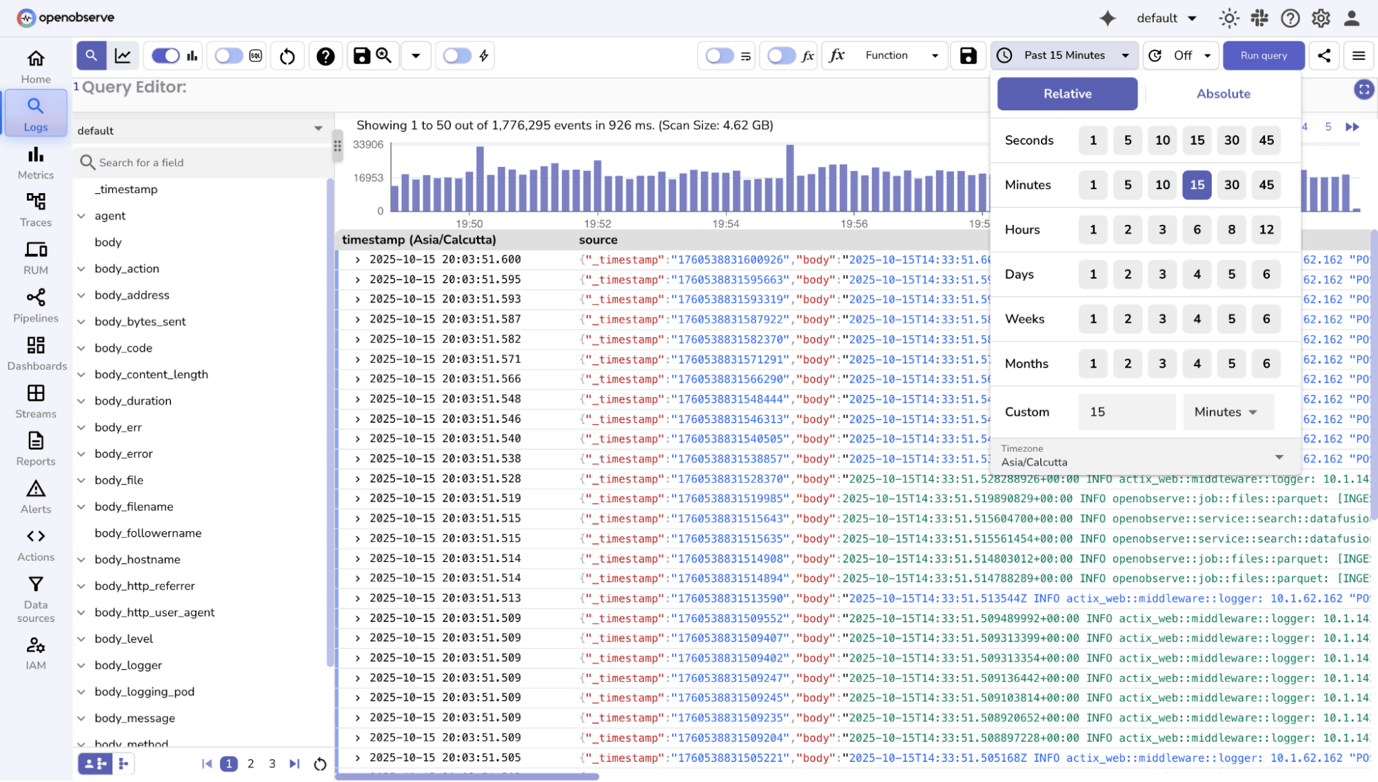 Relative time based log filtering