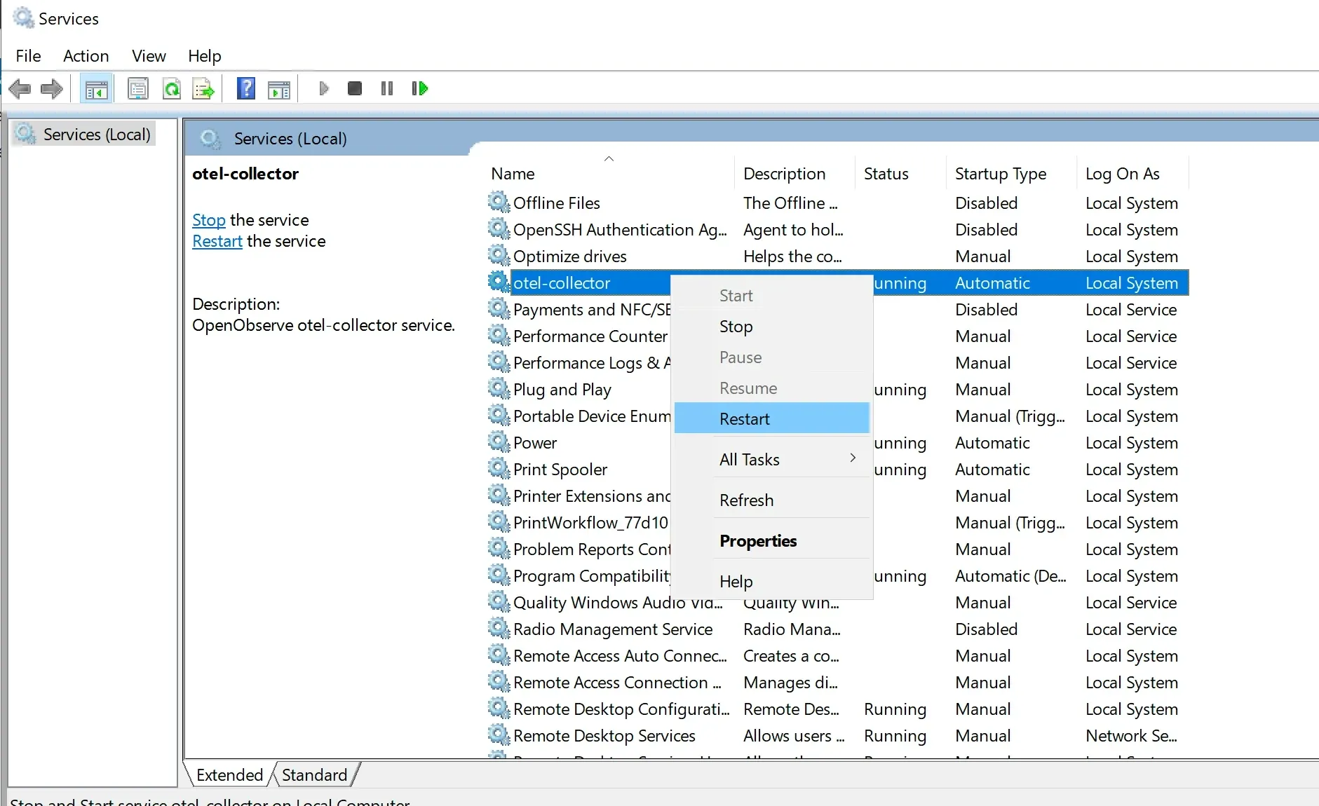 otel-collector restart