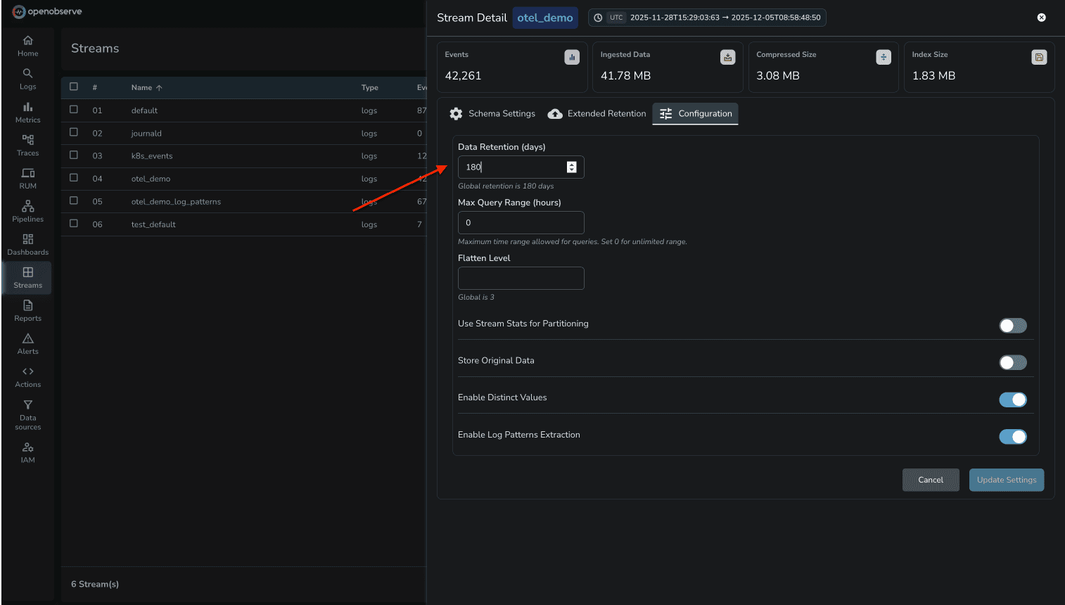 penObserve streams showing different retention settings per stream