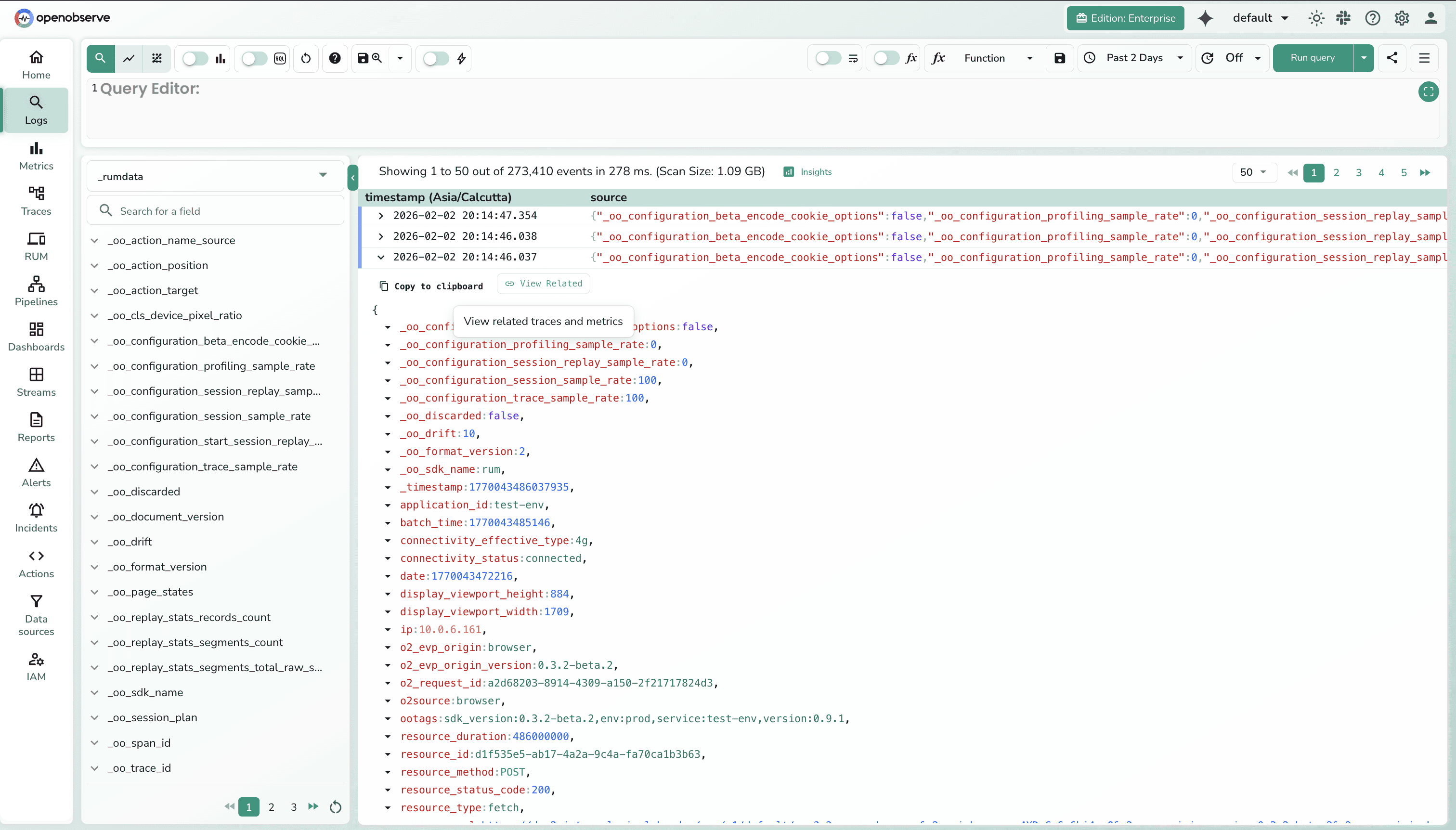 RUM Data Log Record in OpenObserve