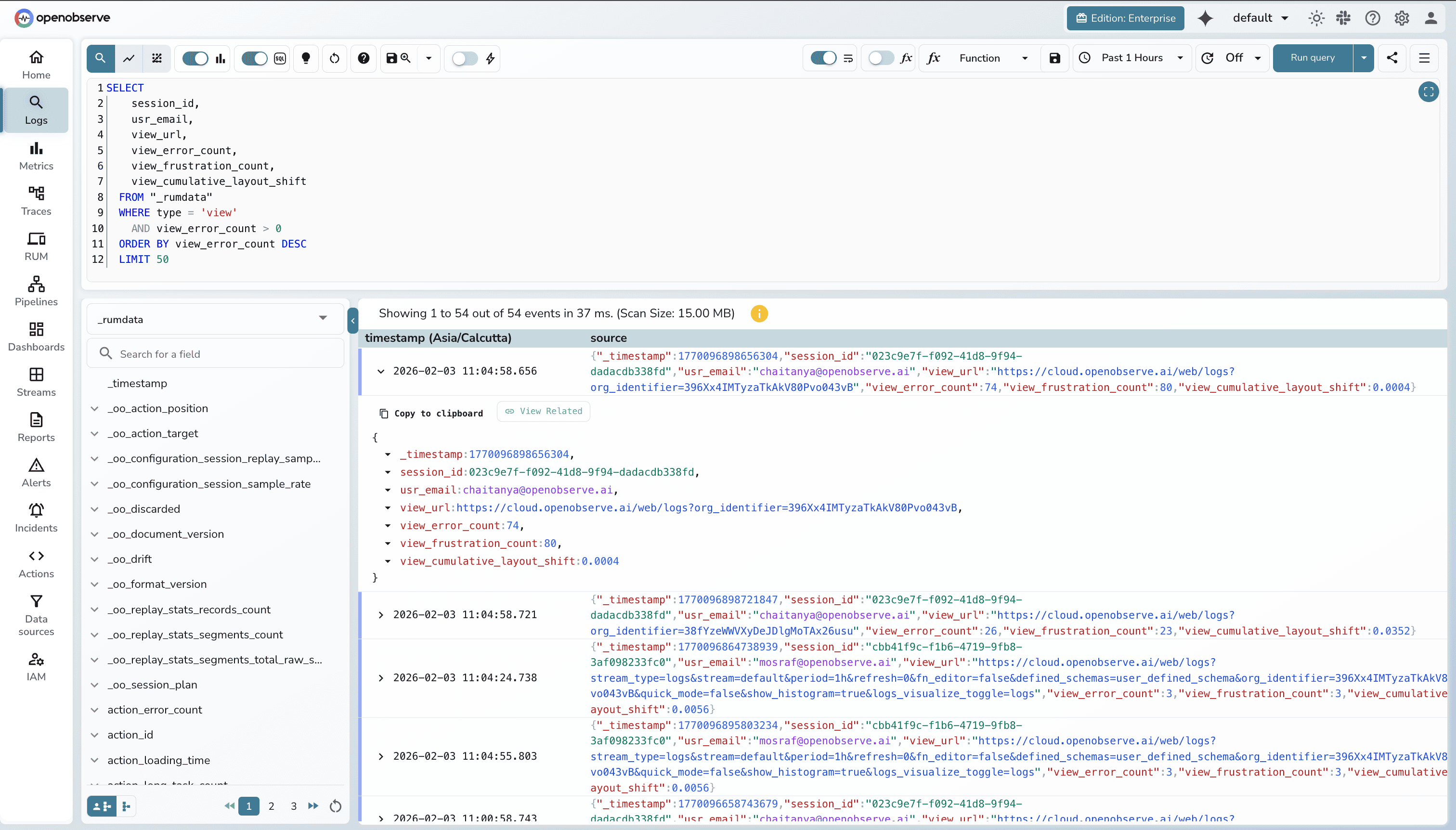 OpenObserve RUM Sessions with Errors with SQL search