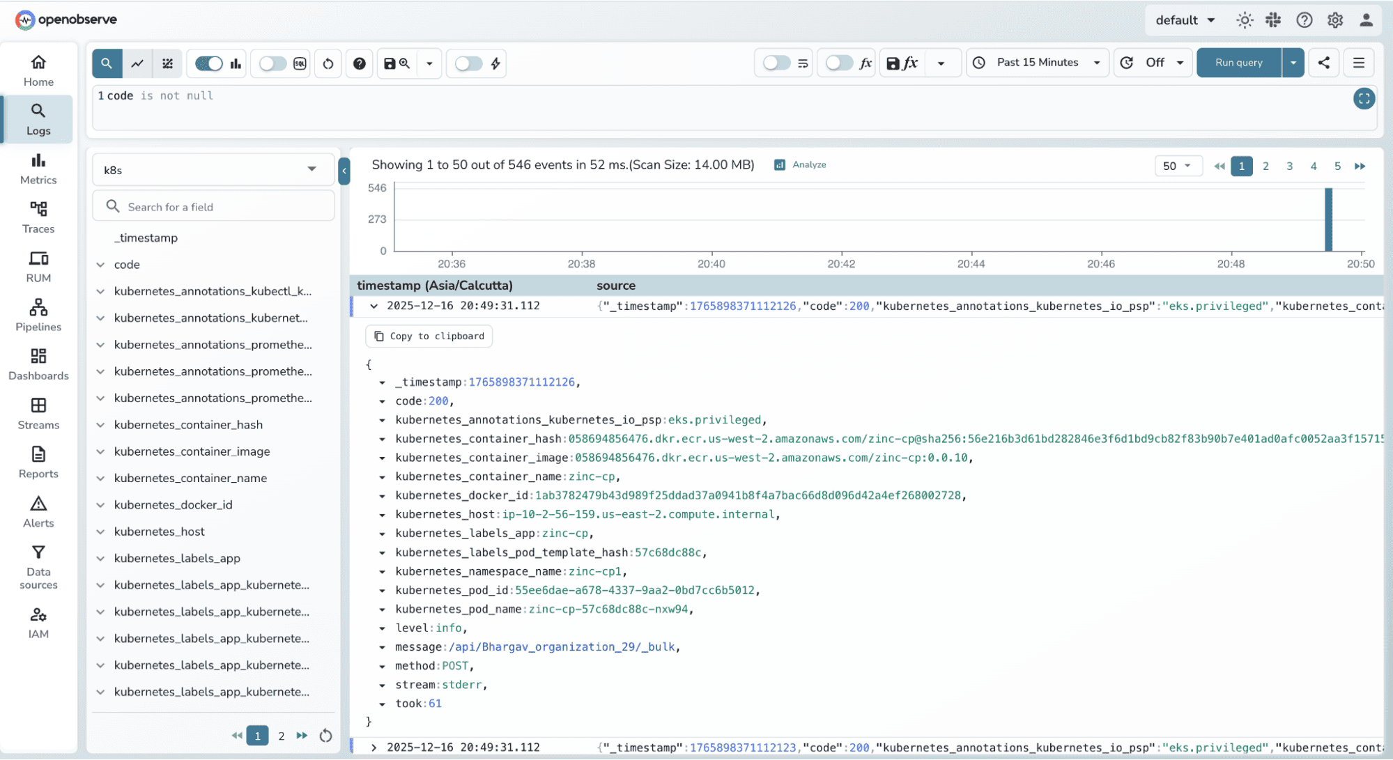 Sample Kubernetes logs