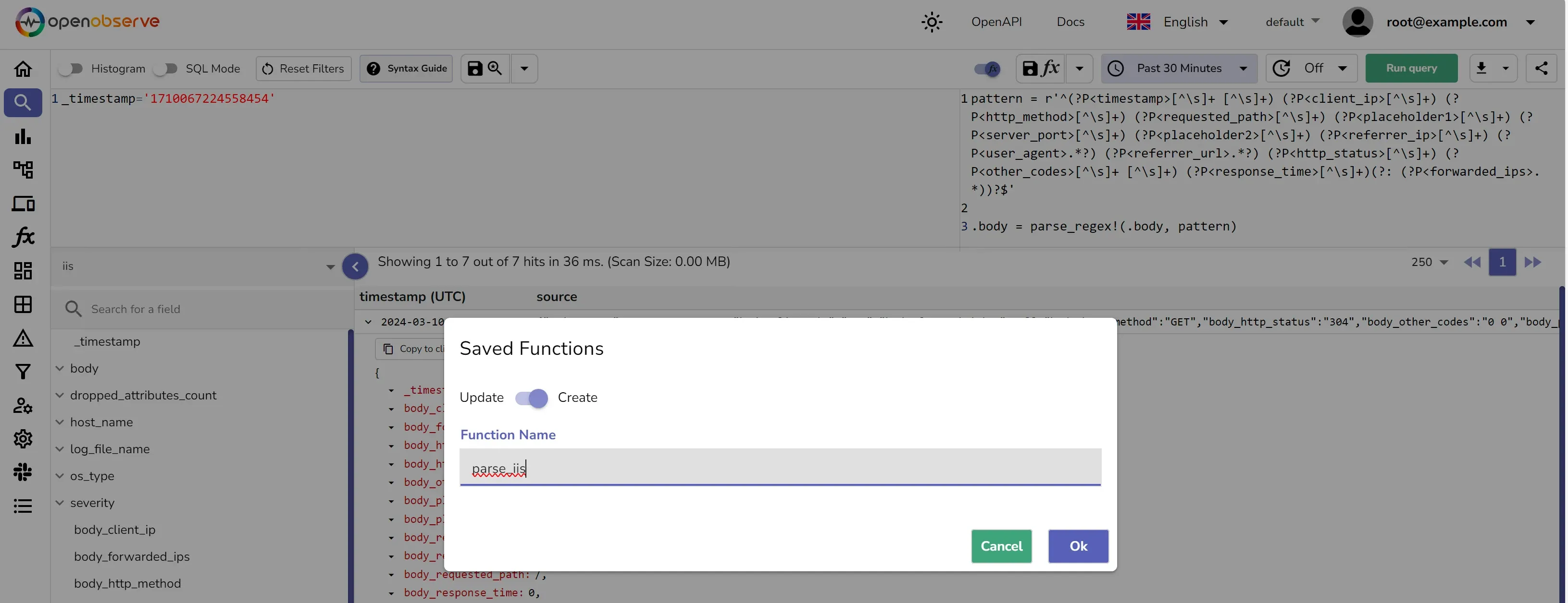 OpenObserve with parsed IIS logs