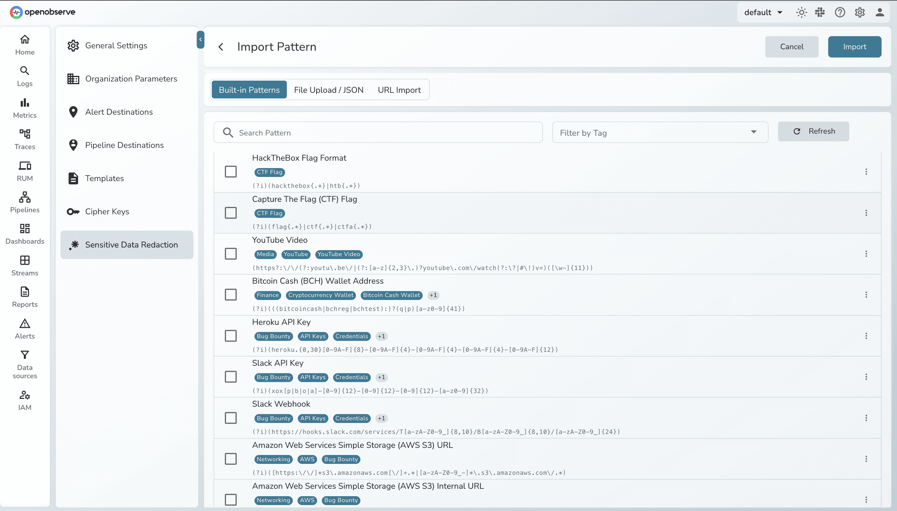 OpenObserve Sensitive Data Redaction configuration showing built-in pattern library