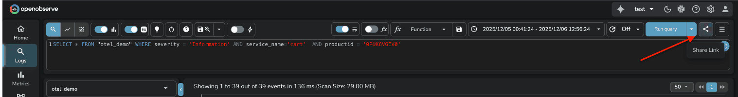  OpenObserve share button generating instant shareable link