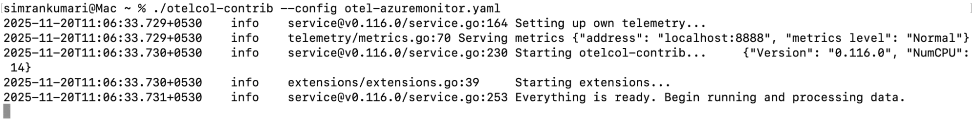 Run the otel-collector with azuremonitor reciever