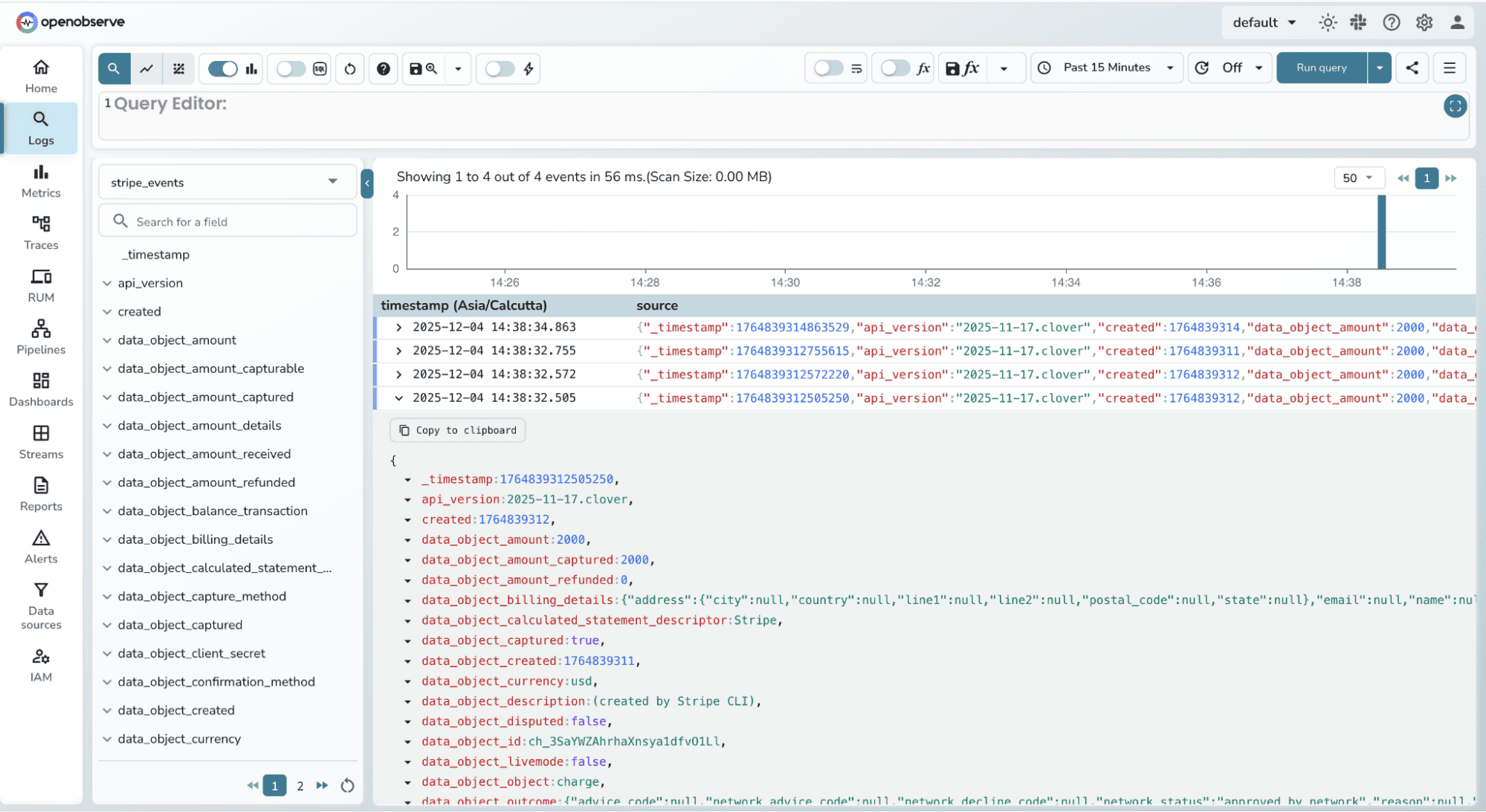 Stripe logs in OpenObserve