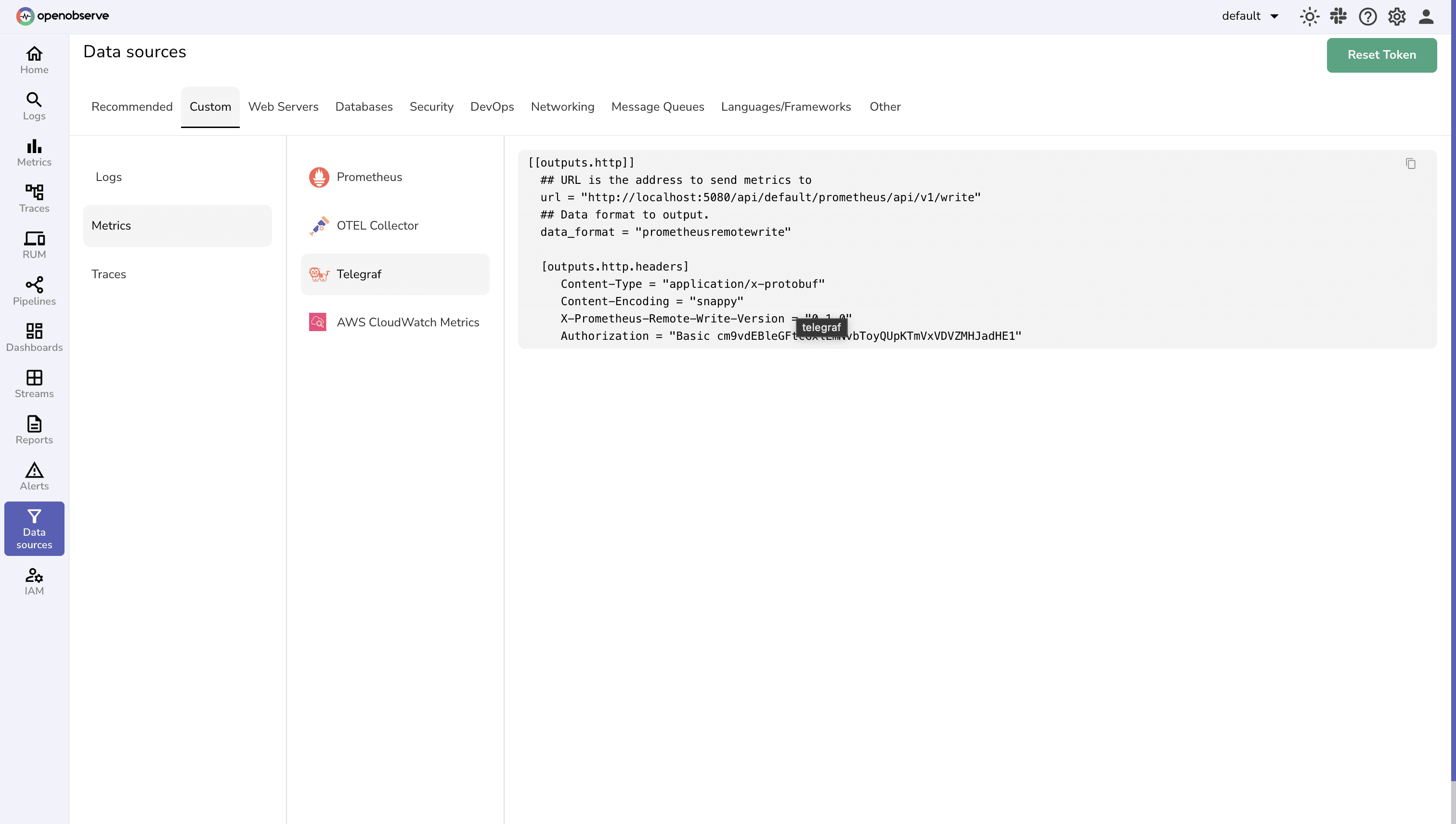 Selecting Telegraf from the OpenObserve Data Sources UI