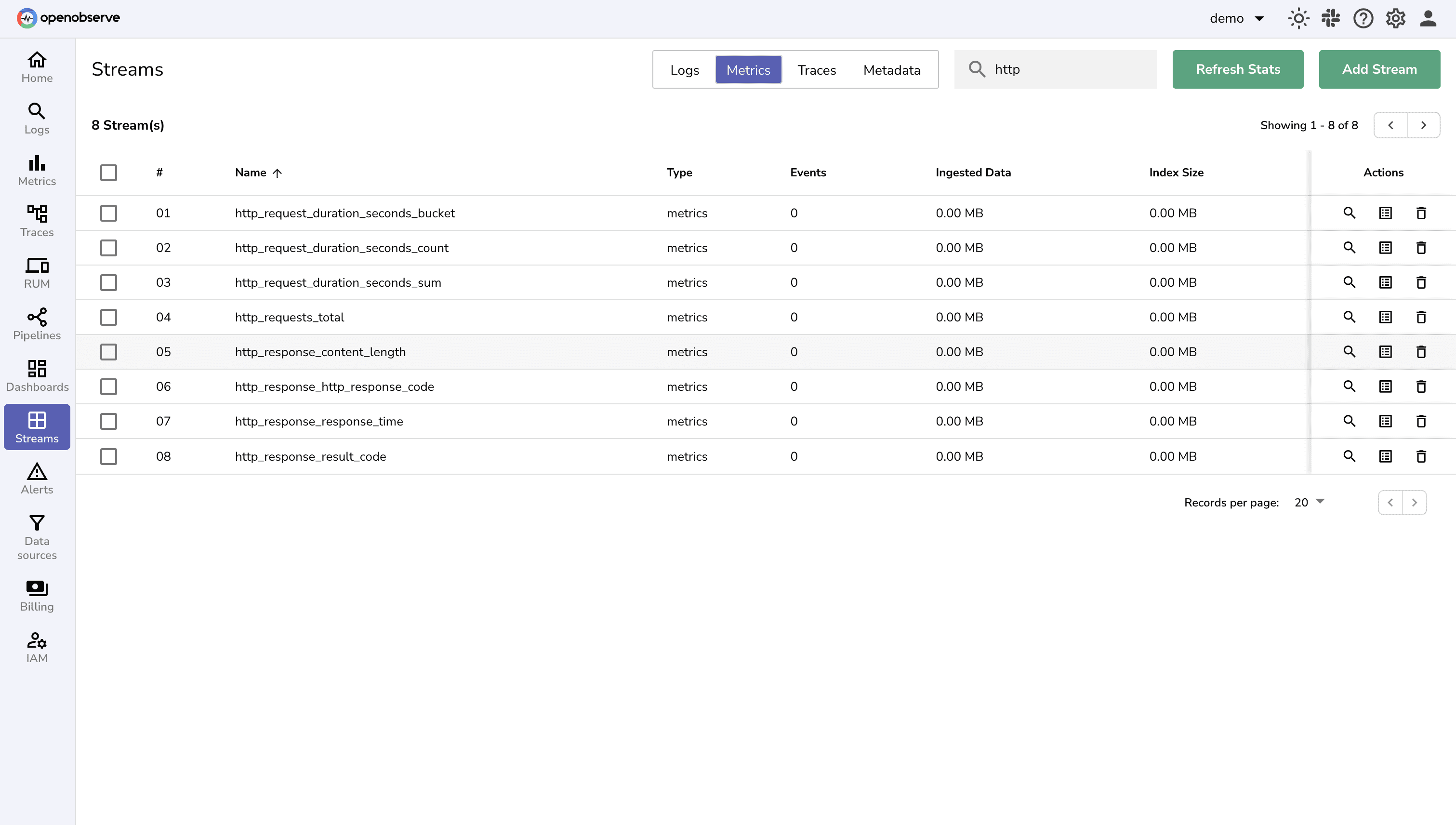 Selecting metrics from the OpenObserve Streams UI