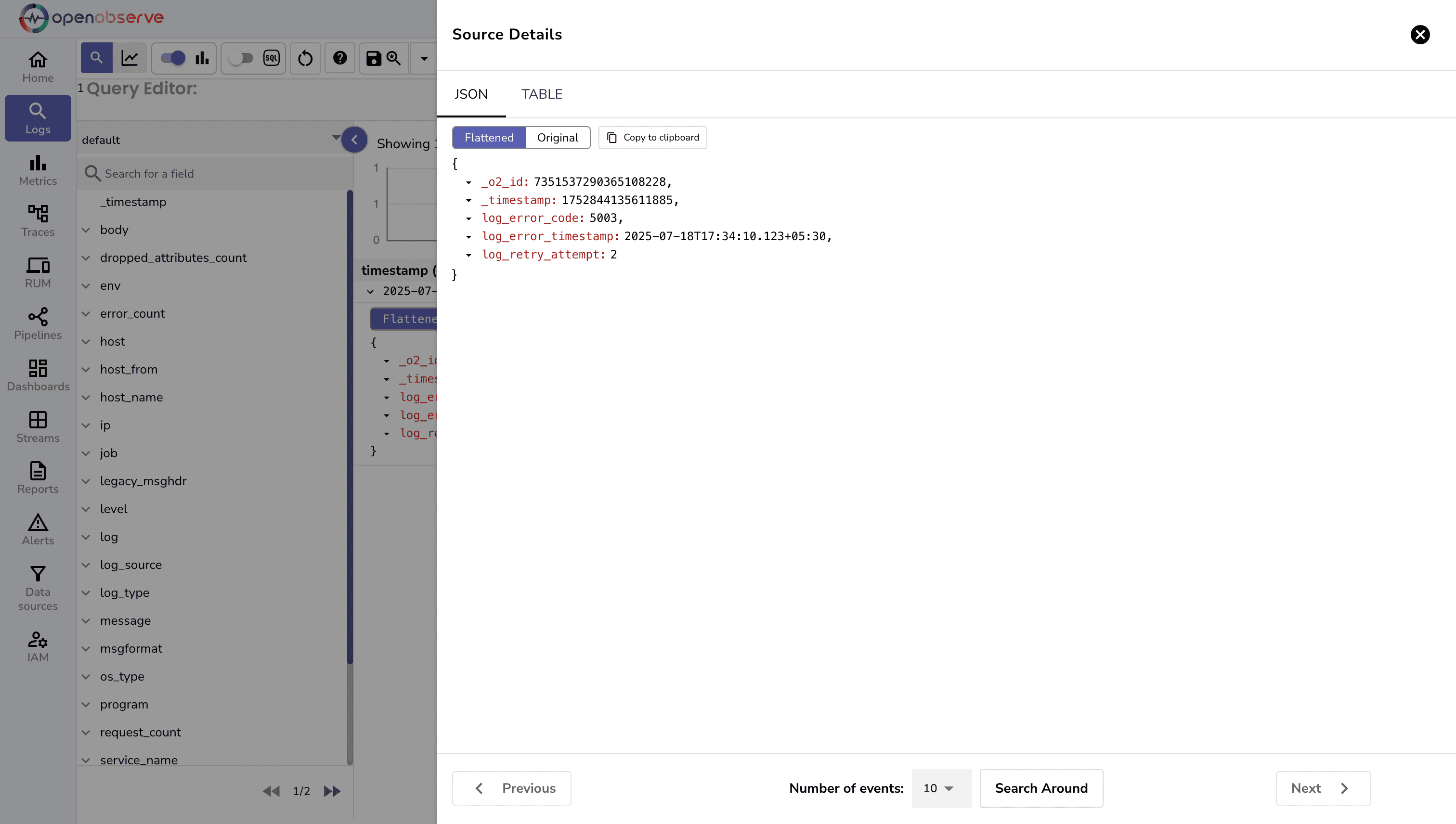 Transformed JSON log source details in the OpenObserve UI.