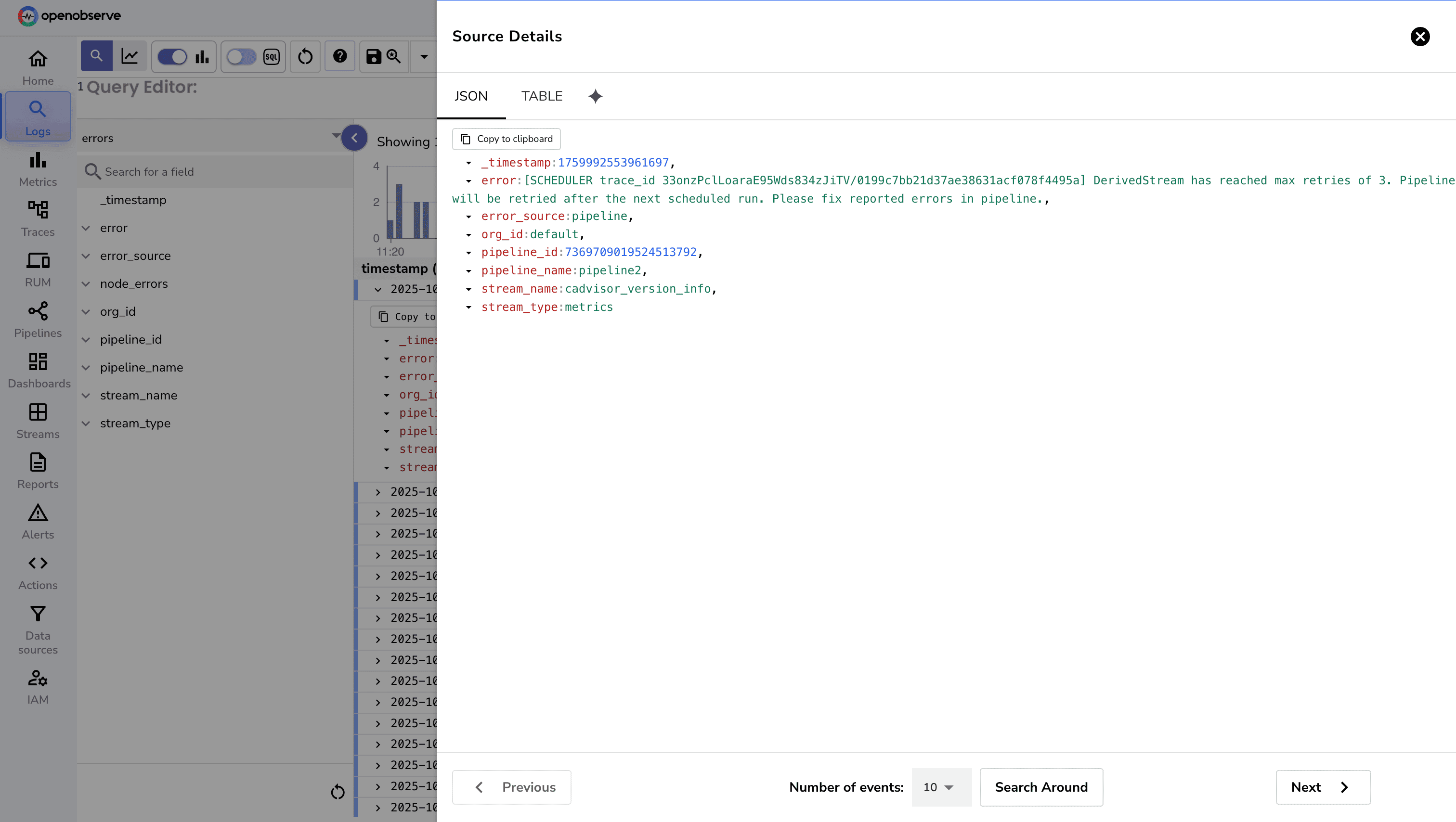 Sample errors stream