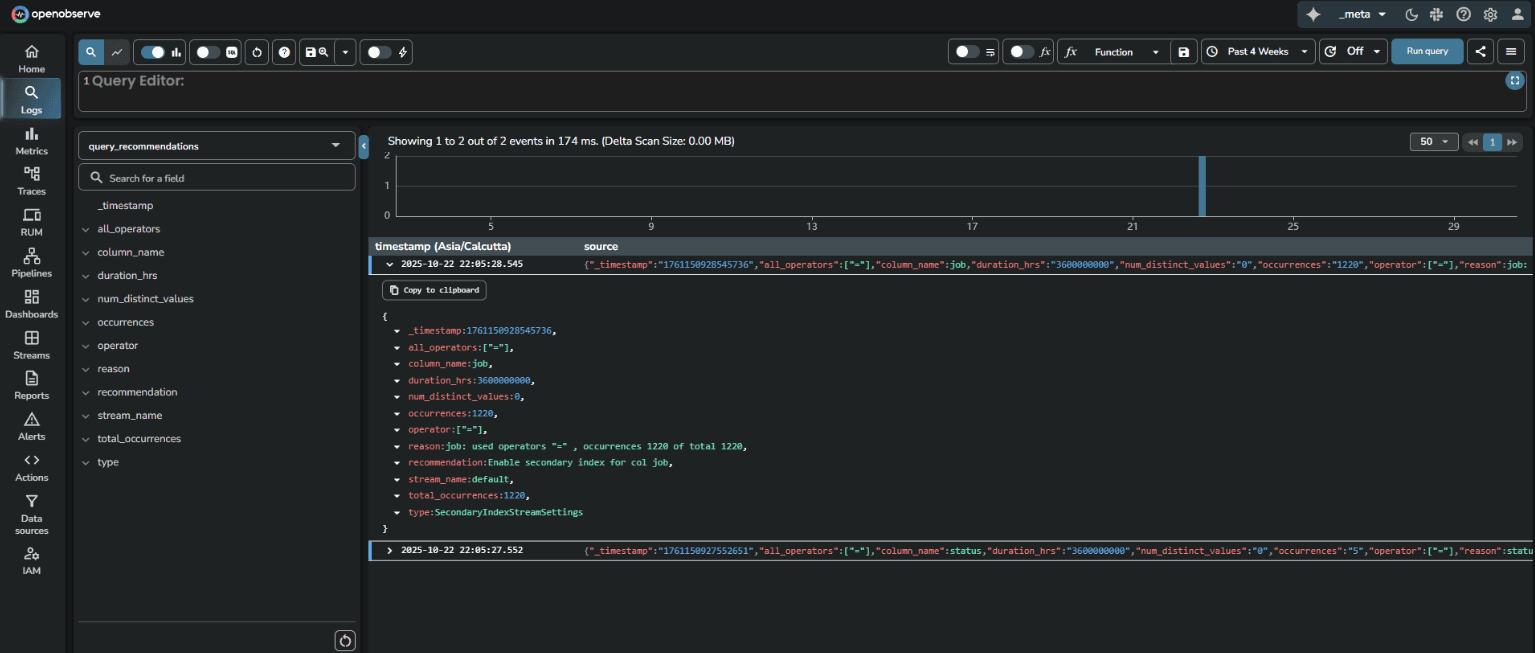 Query recommendations stream within the _meta organization in OpenObserve