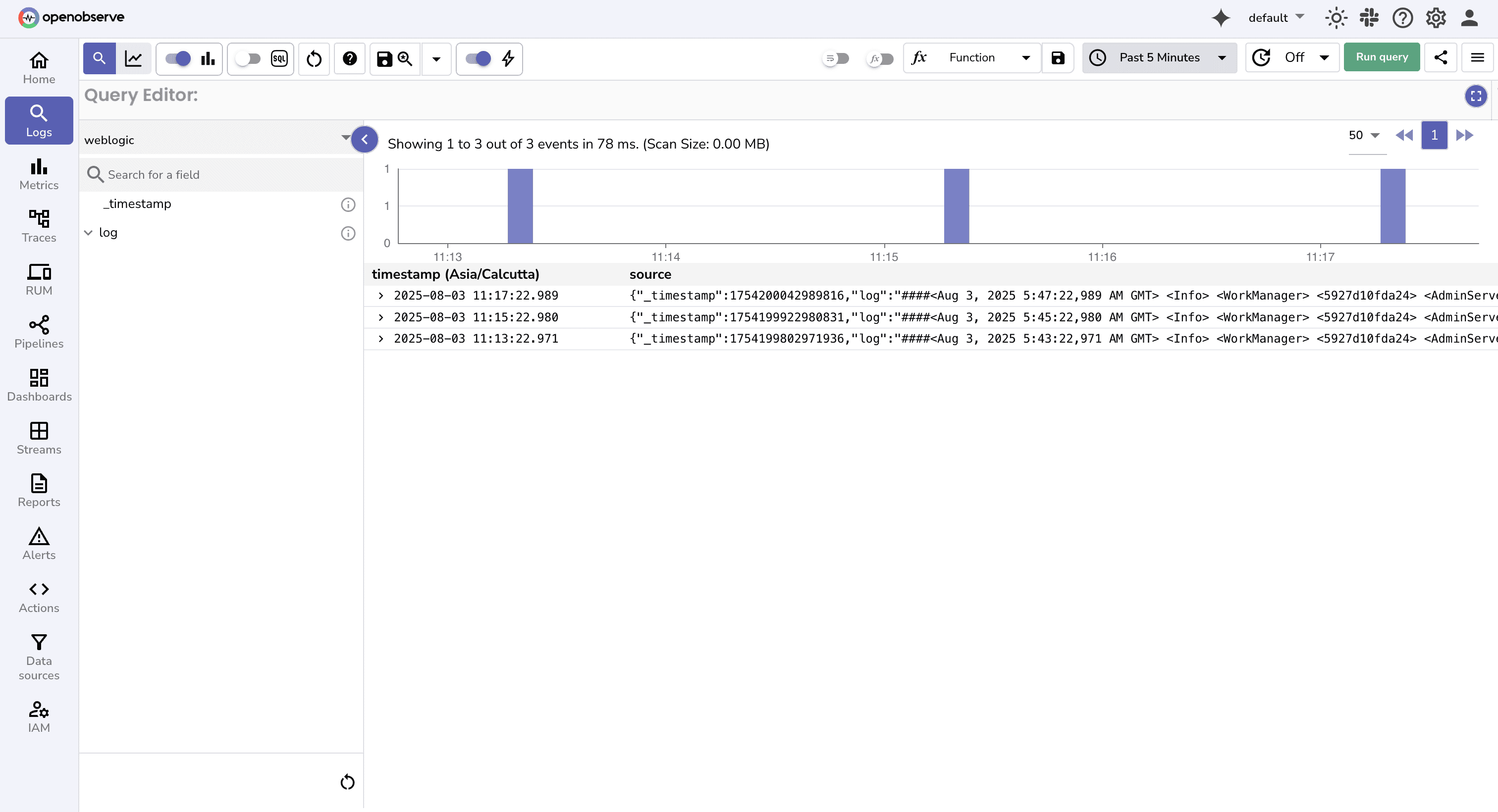 Viewing WebLogic logs in OpenObserve UI