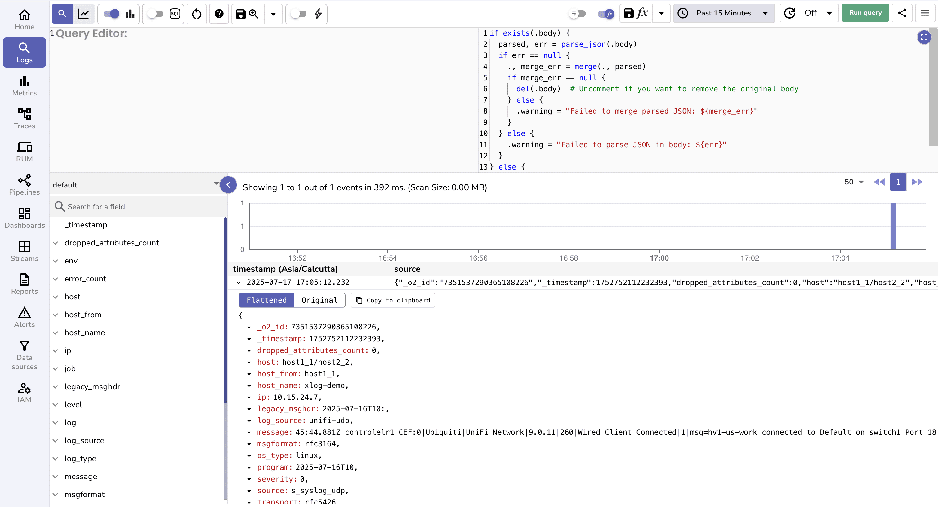 Log query editor in the OpenObserve UI.