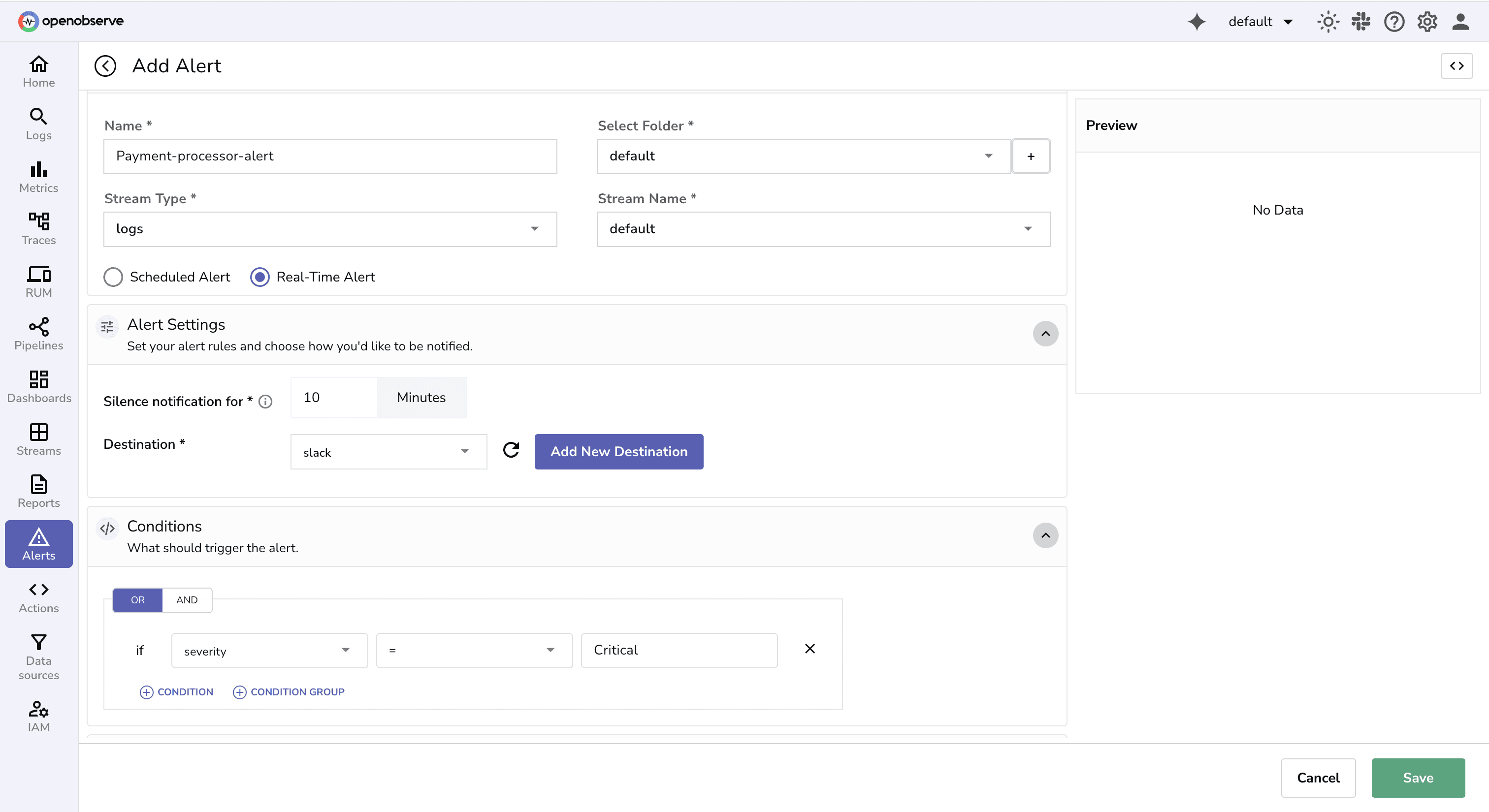Alert configuration screen in OpenObserve
