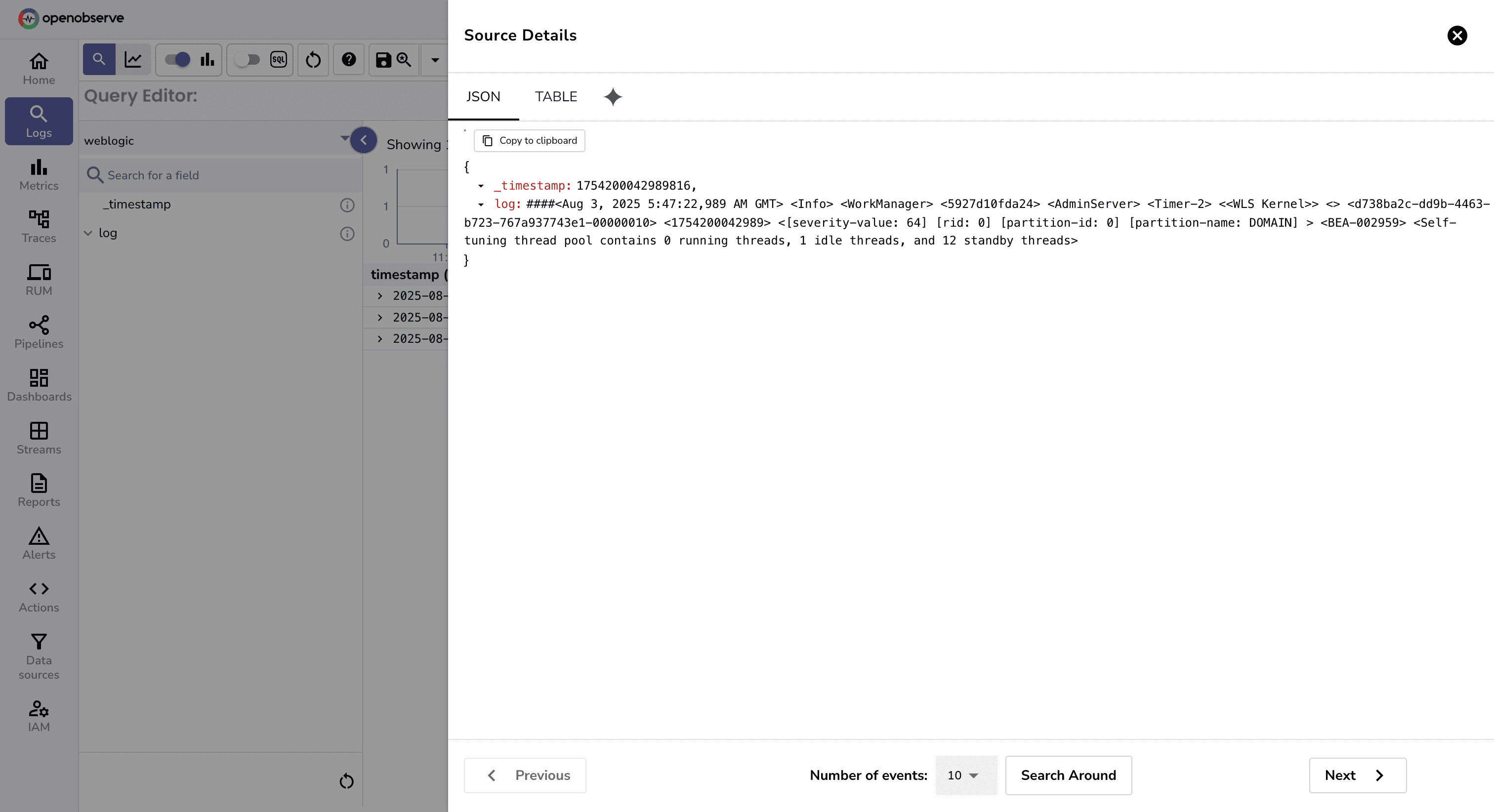 WebLogic logs entries in OpenObserve