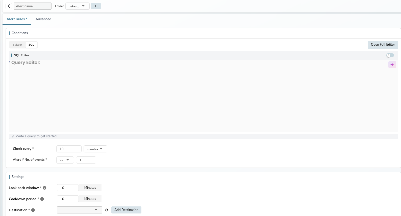 SQL mode with editor, Open Full Editor button, and threshold controls