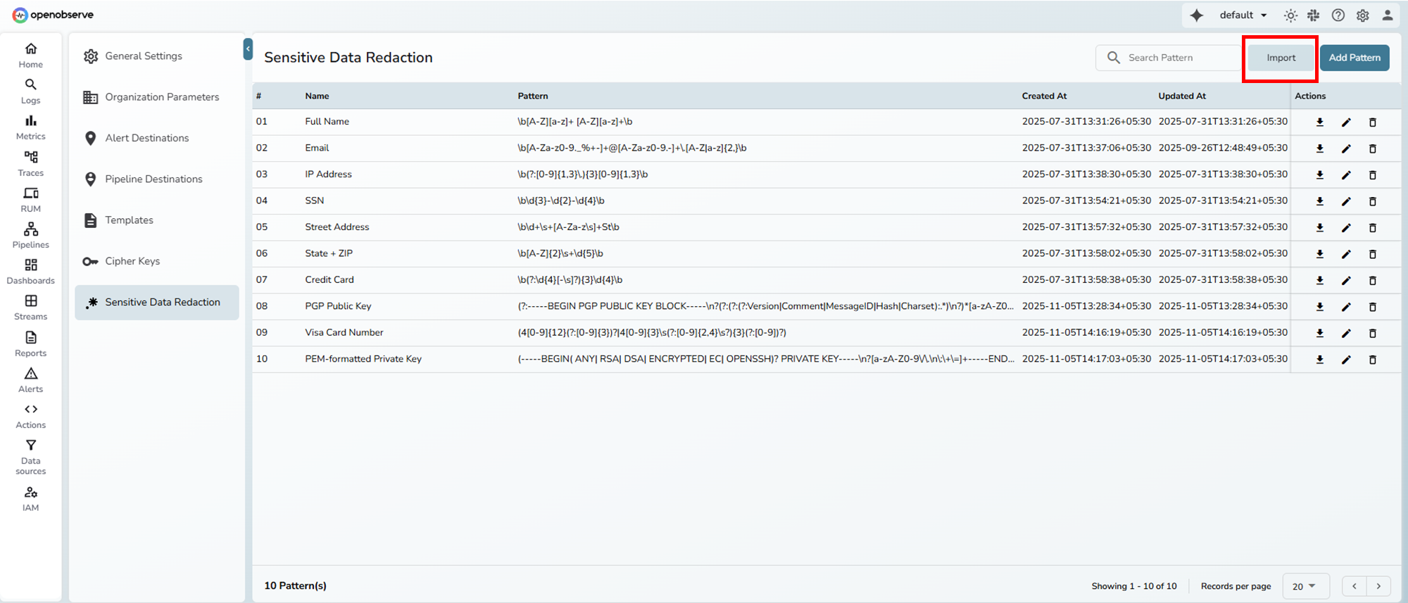 Built-in Patterns Import Interface