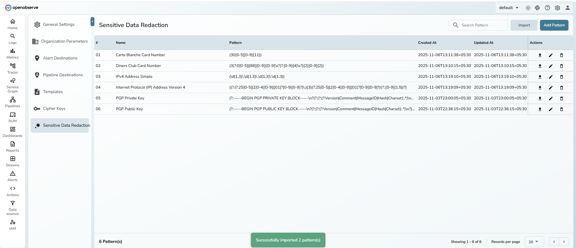 Import selected patterns