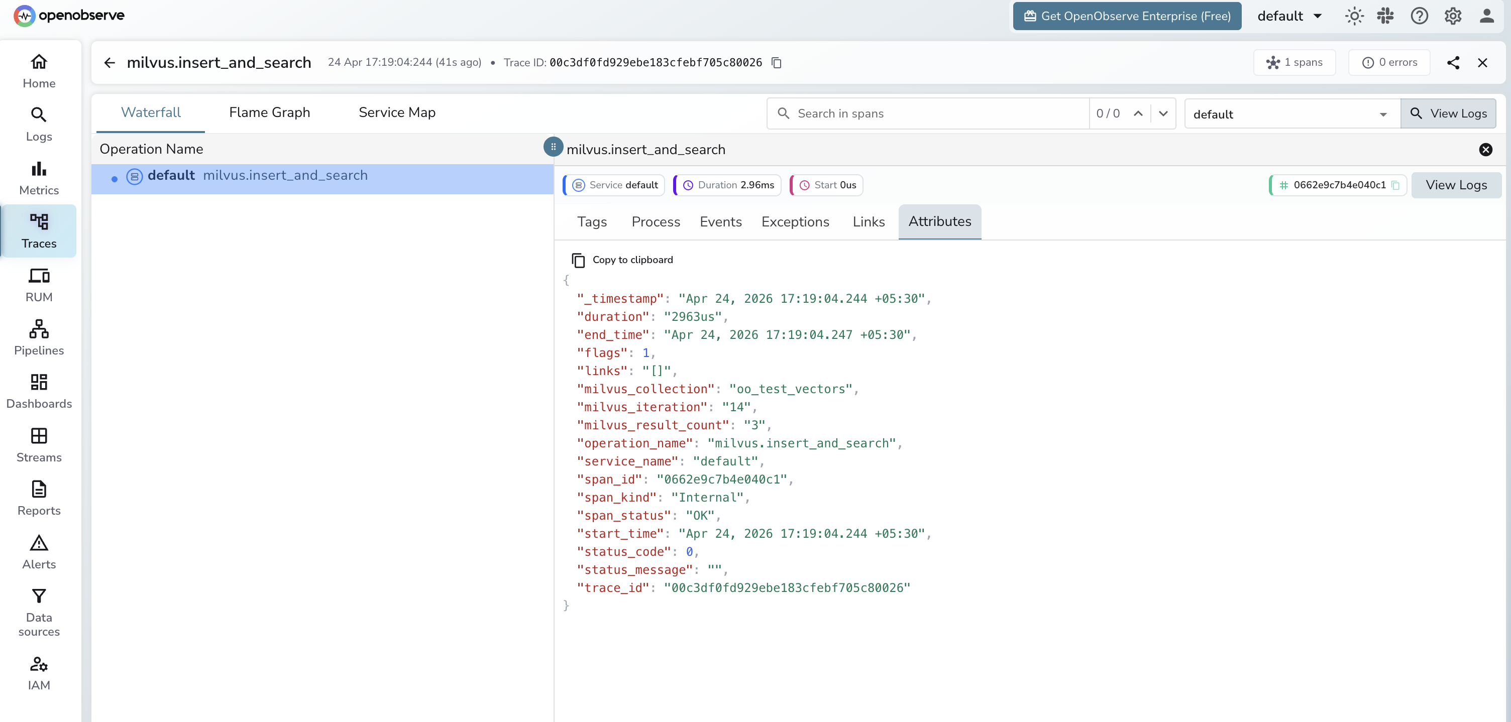 Milvus trace in OpenObserve