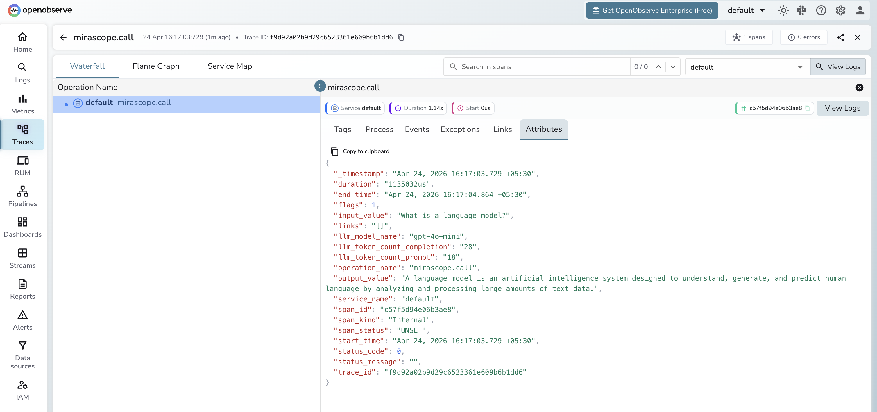 Mirascope trace in OpenObserve