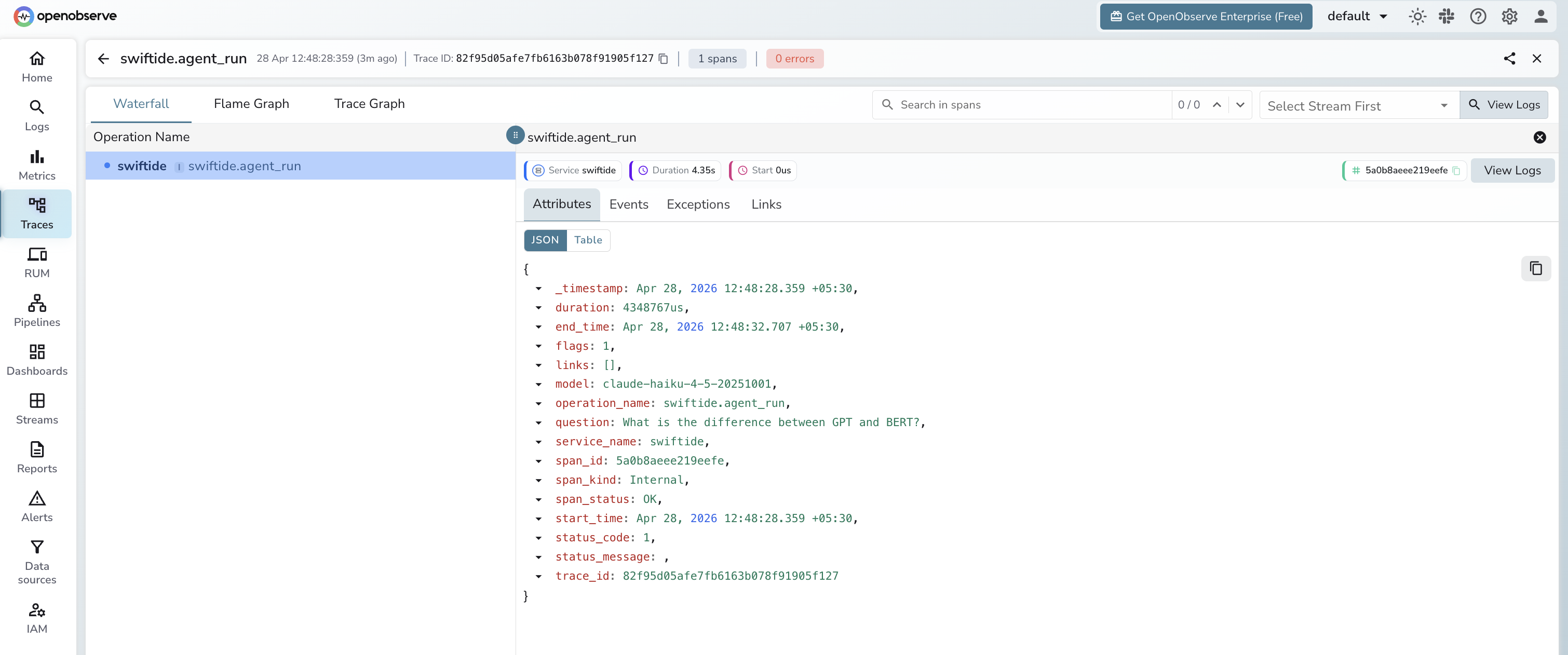 Swiftide trace in OpenObserve