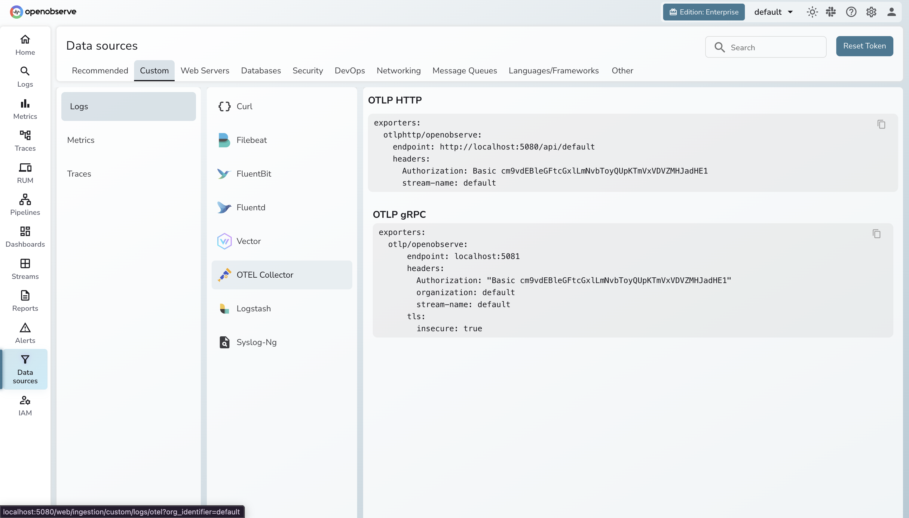 OpenObserve Data Sources - OTel Collector Logs