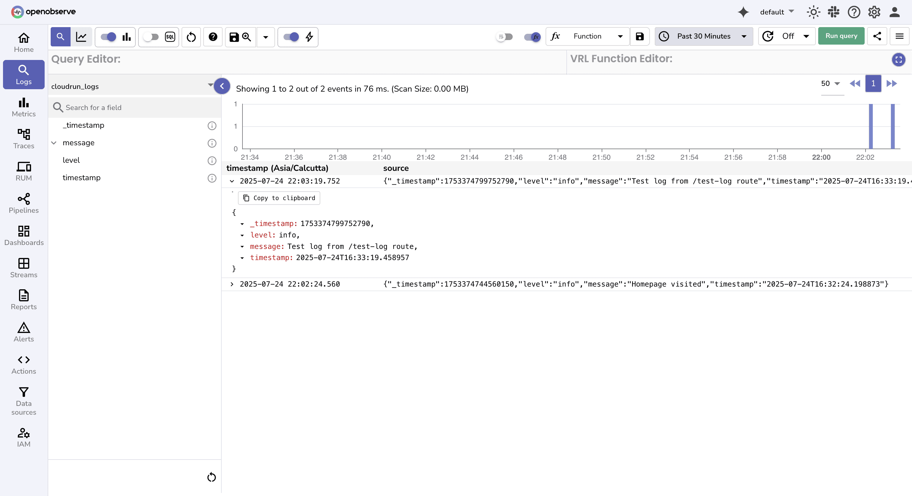 Verify logs in OpenObserve