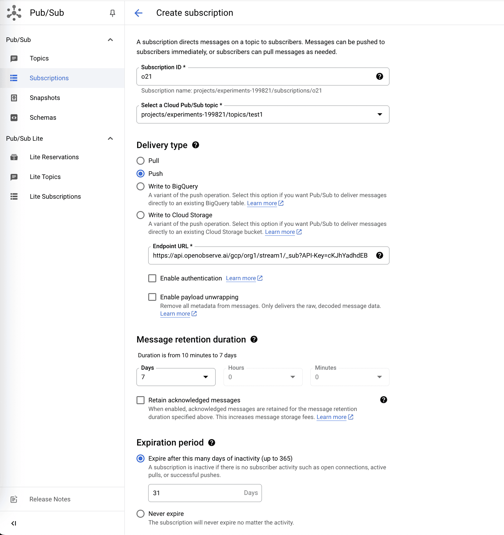 Create Pub/Sub Subscription